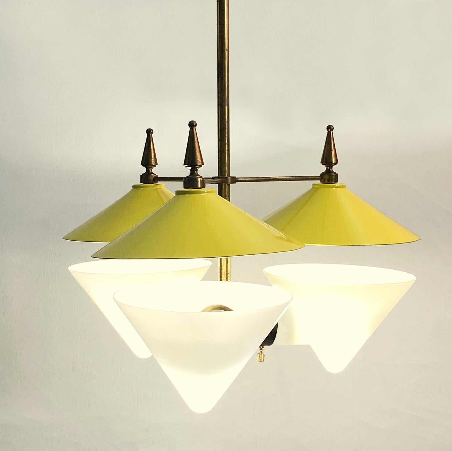 French Three Arm Chandelier Yellow Metal, Opaline Glass Cones and Brass, 1950's  For Sale
