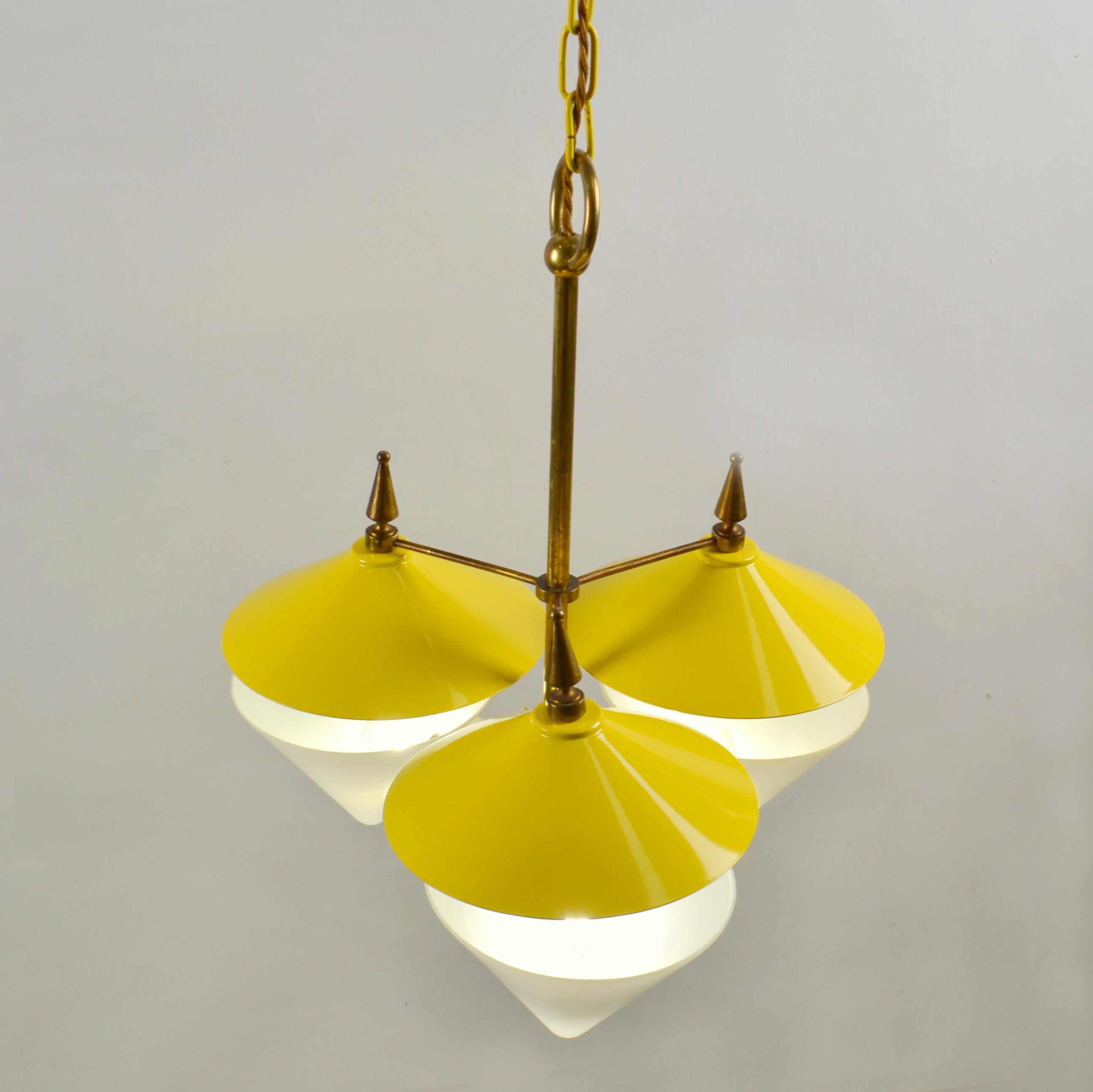 Three Arm Chandelier Yellow Metal, Opaline Glass Cones and Brass, 1950's  In Excellent Condition For Sale In London, GB