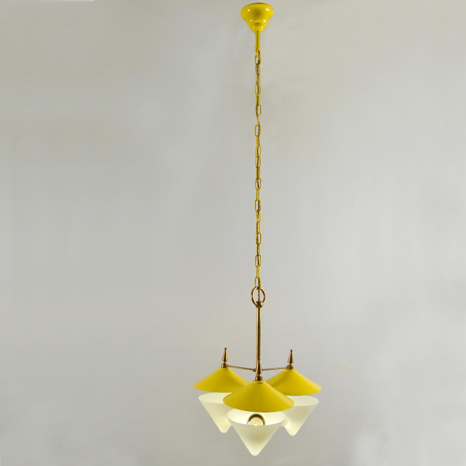 Mid-20th Century Three Arm Chandelier Yellow Metal, Opaline Glass Cones and Brass, 1950's  For Sale