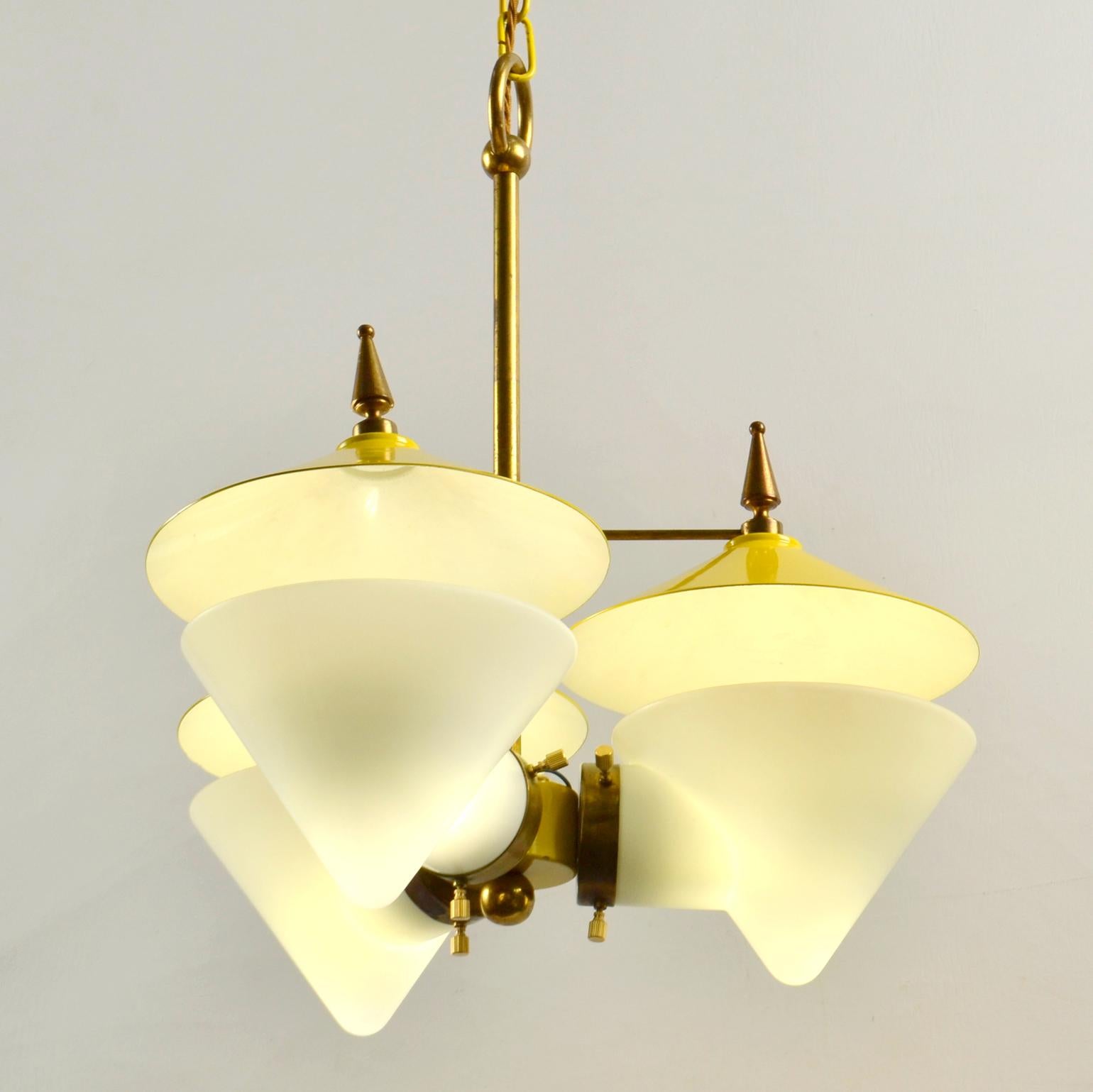 Three Arm Chandelier Yellow Metal, Opaline Glass Cones and Brass, 1950's  For Sale 1