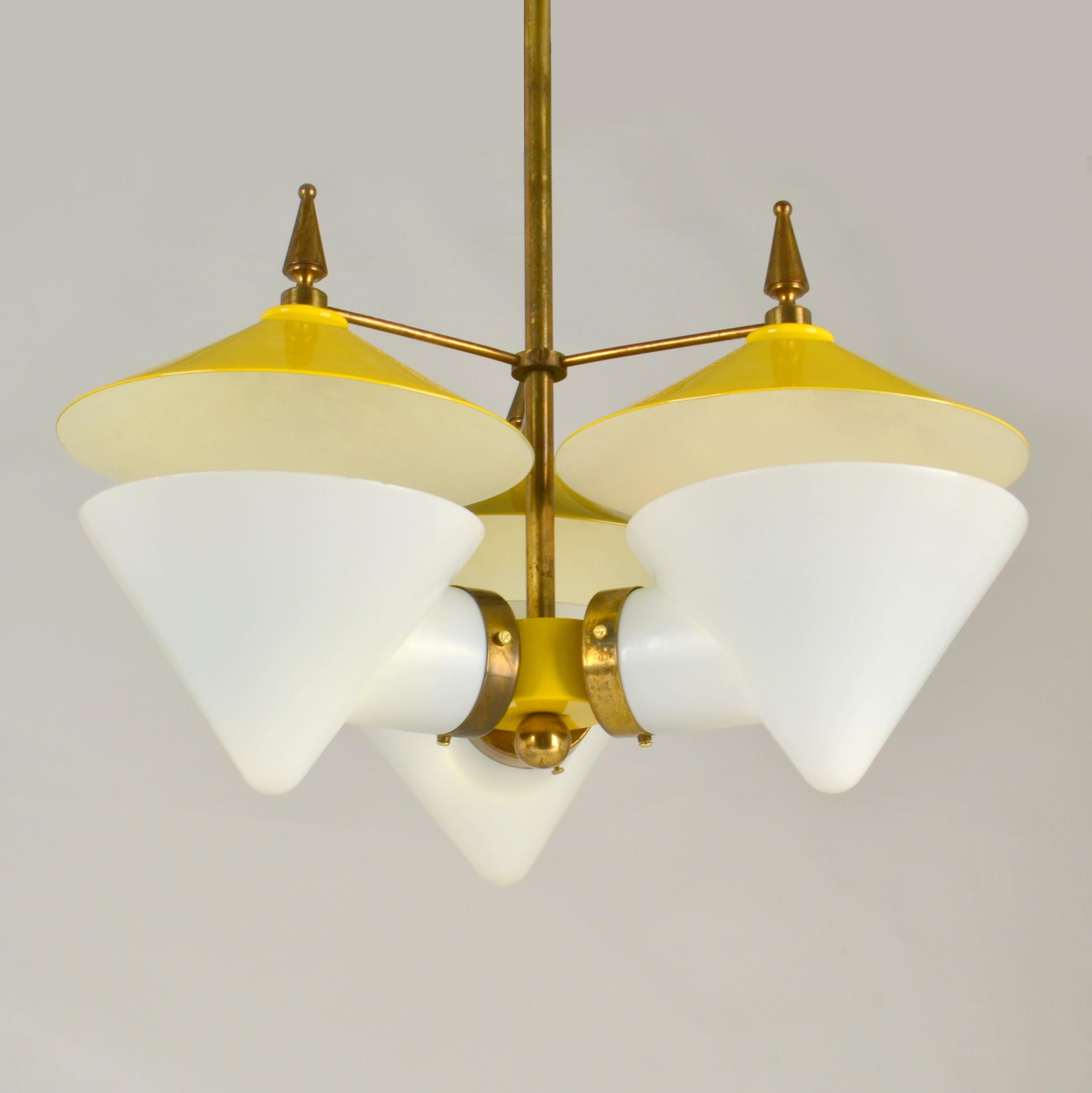 Three Arm Chandelier Yellow Metal, Opaline Glass Cones and Brass, 1950's  For Sale 2