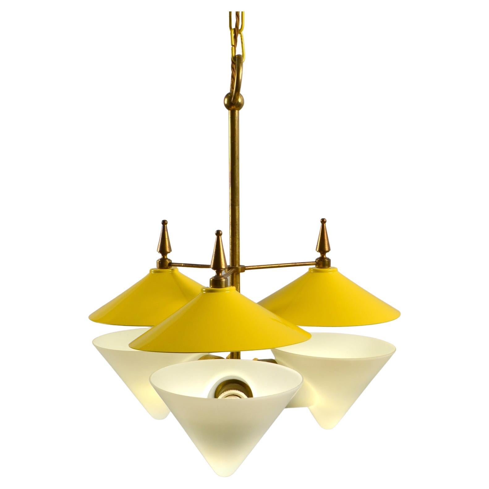 Three Arm Chandelier Yellow Metal, Opaline Glass Cones and Brass, 1950's 