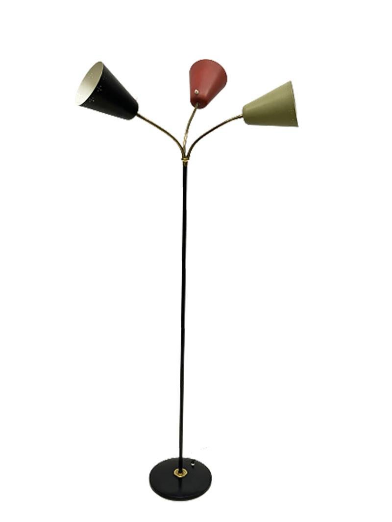 20th Century Three-Arm Floor Lamp with Pierced Metal Matte Shades, 1960s For Sale