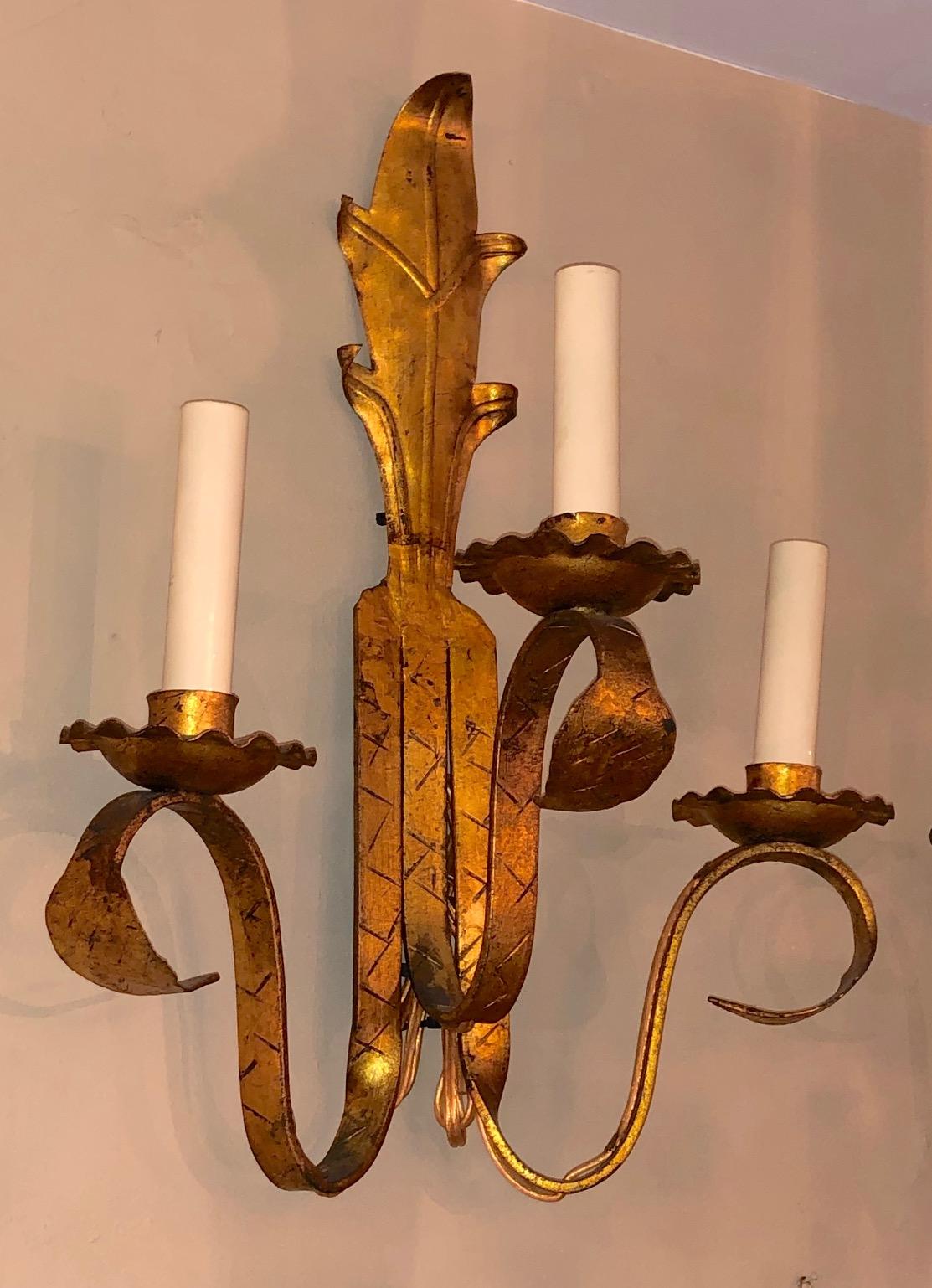 Three Arm Gilt Metal Sconces For Sale 4