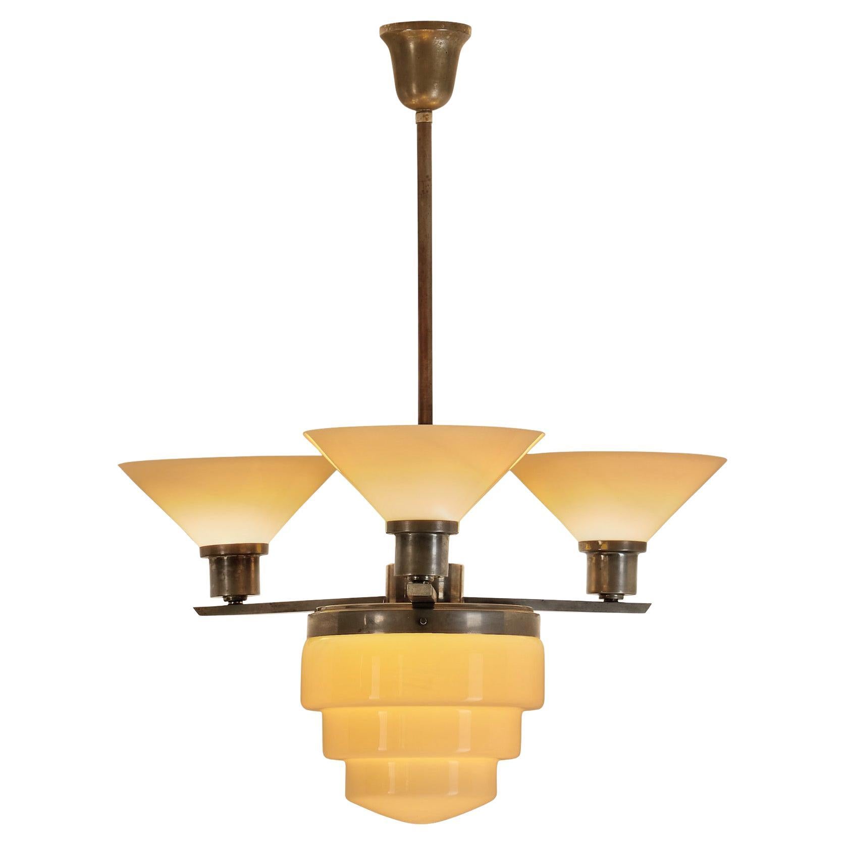 Three-Arm Metal and Opal Glass Chandelier with Stepped Shade, Europe 1930s