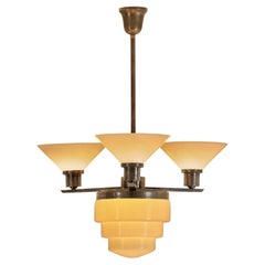 Three-Arm Metal and Opal Glass Chandelier with Stepped Shade, Europe 1930s