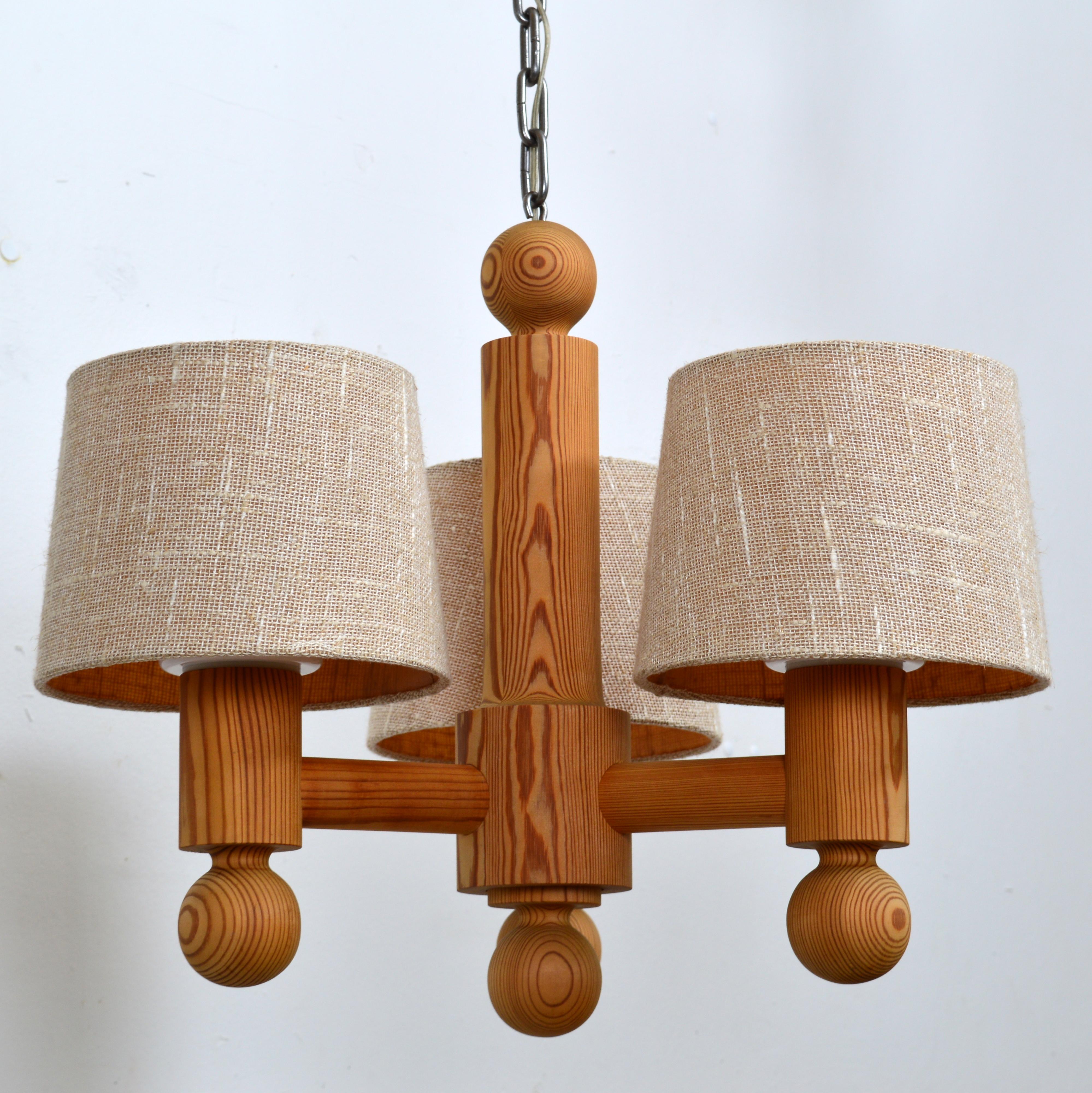 Swedish Three Arm Solid Pine Chandelier by Luxus Sweden, 1960s For Sale