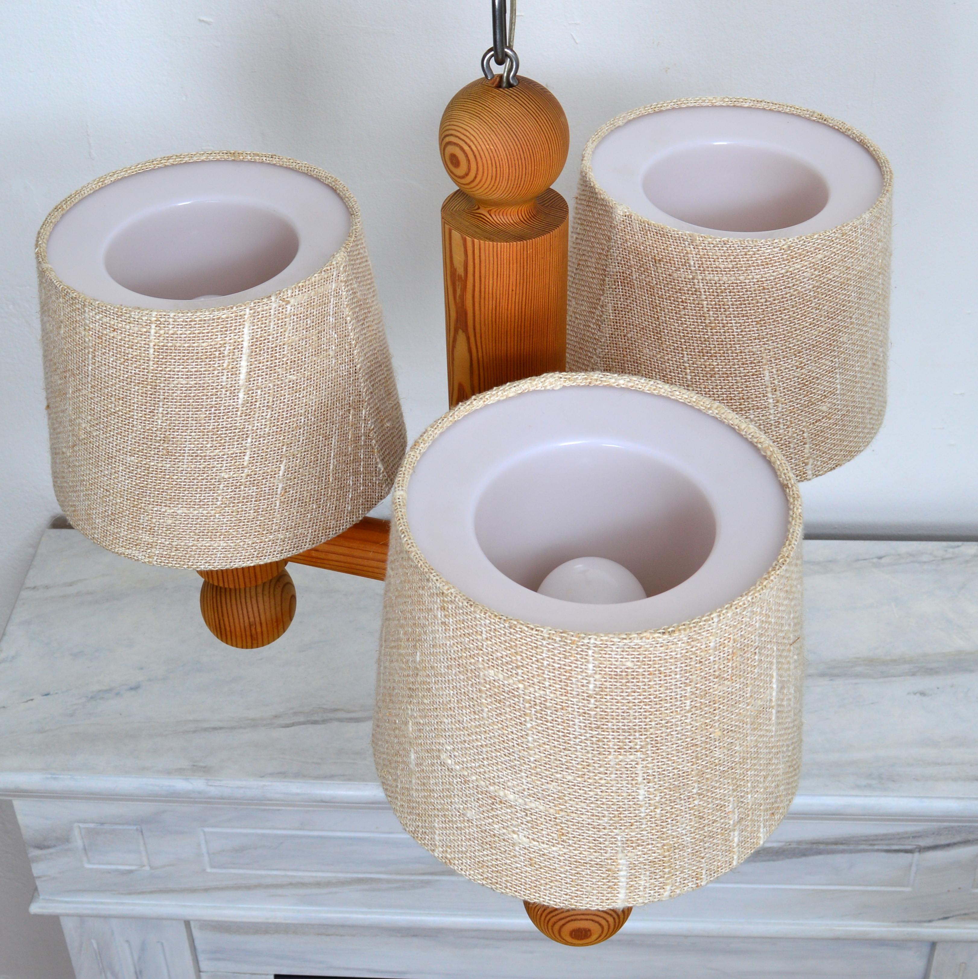 Mid-20th Century Three Arm Solid Pine Chandelier by Luxus Sweden, 1960s For Sale