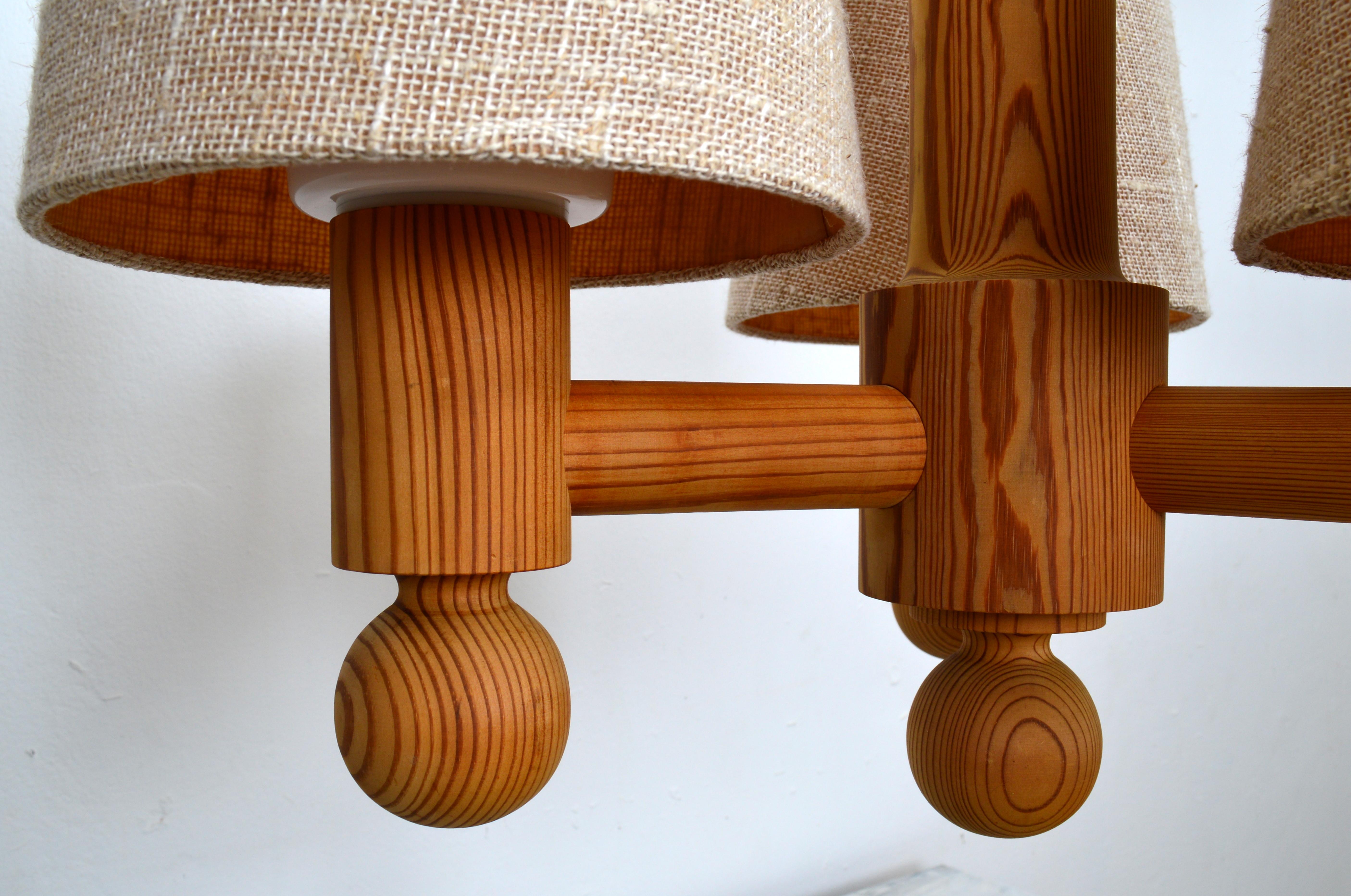 Fabric Three Arm Solid Pine Chandelier by Luxus Sweden, 1960s For Sale