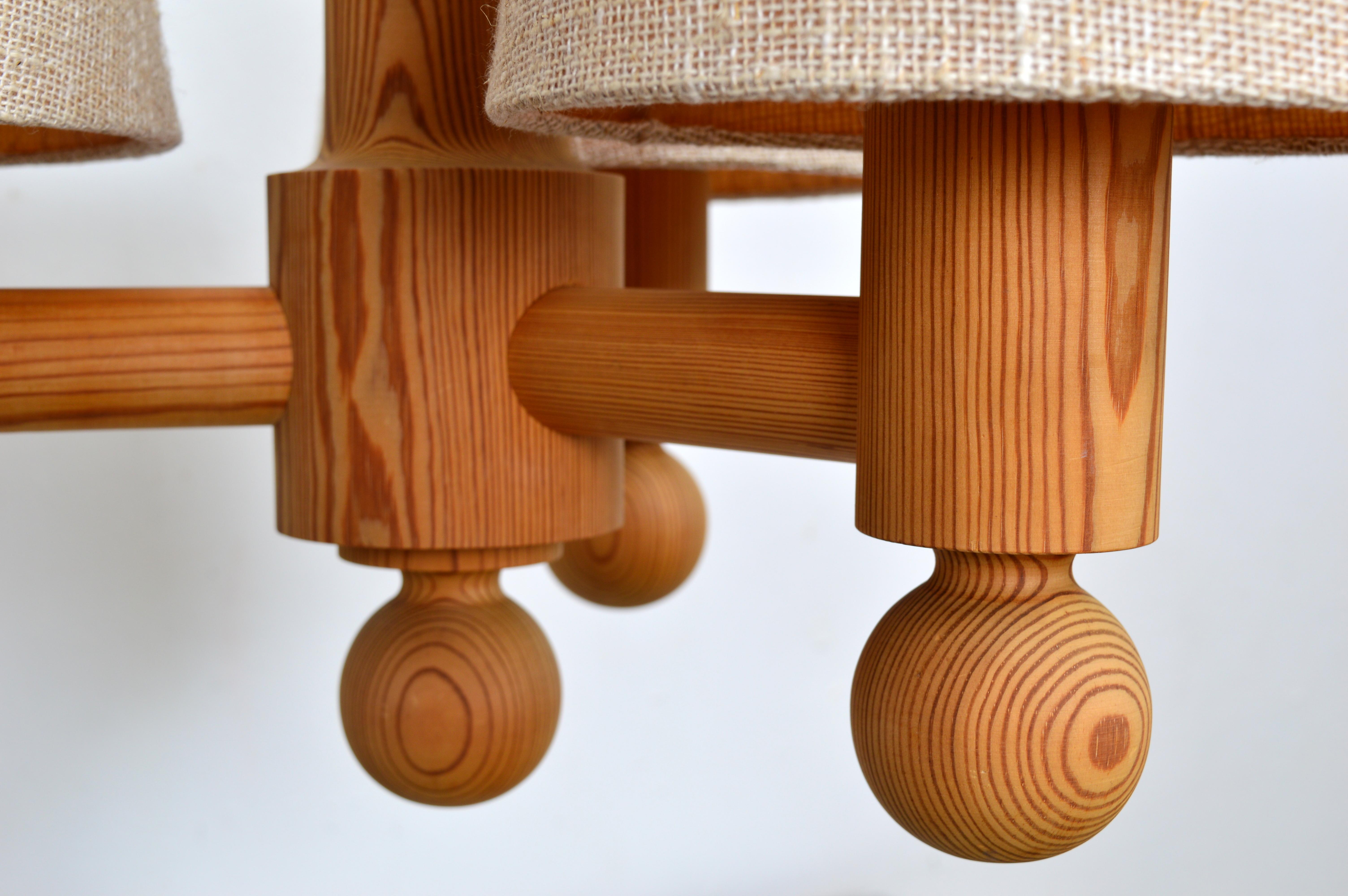 Three Arm Solid Pine Chandelier by Luxus Sweden, 1960s For Sale 1