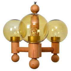 Three Arm Solid Pine Chandelier with Glass Globes, Luxus Sweden, 1960s