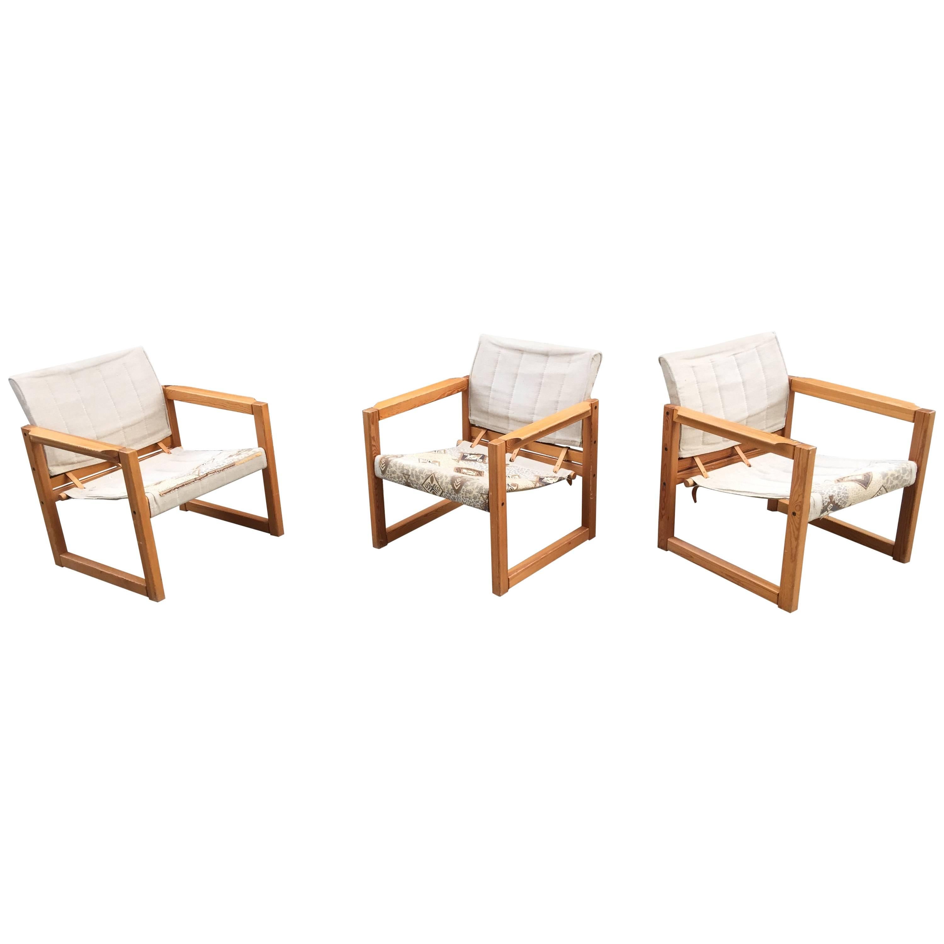  Three Armchairs in Pine and Leather, circa 1970