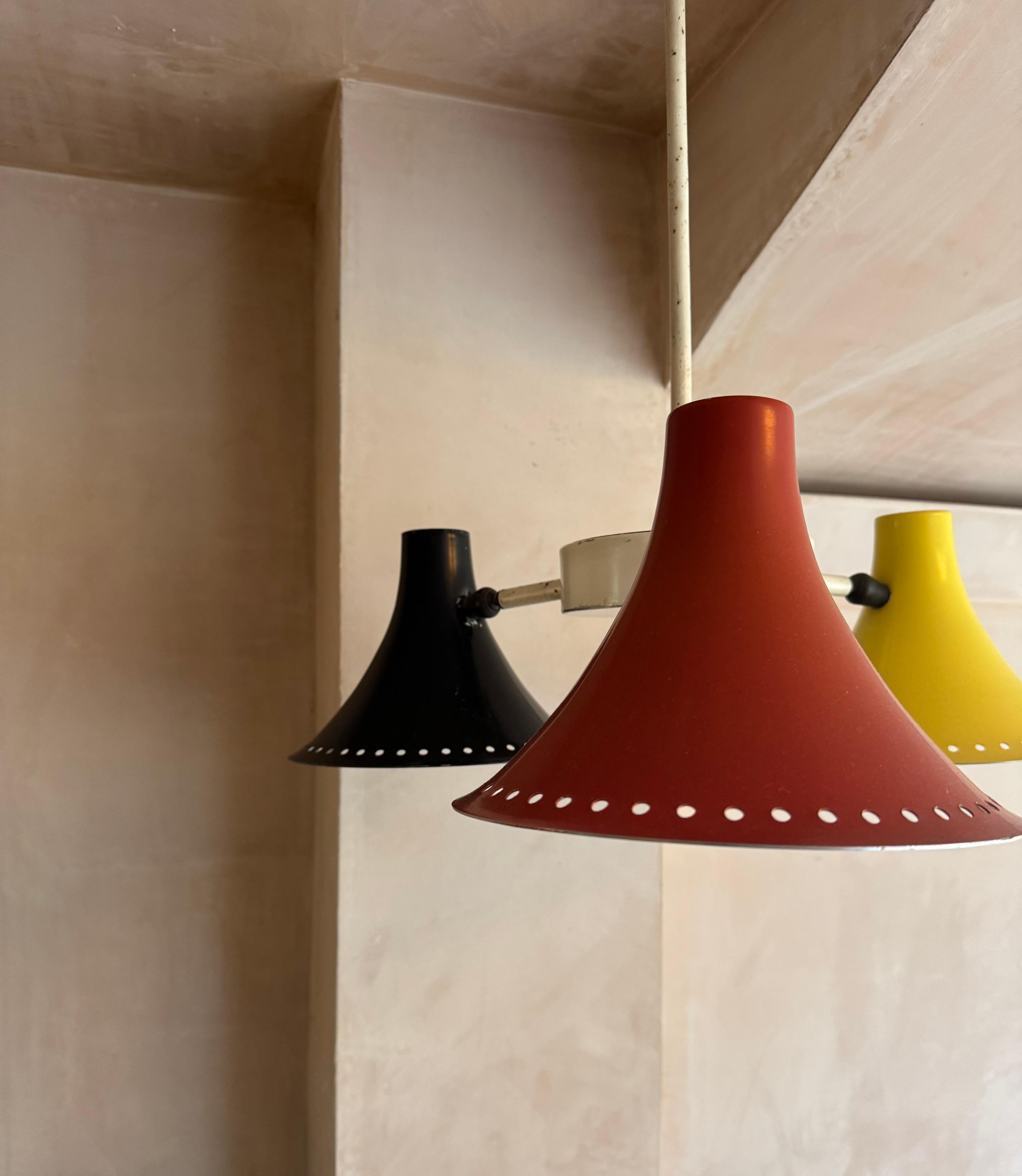 Three armed 1950’s red, black, yellow ceiling light. For Sale 2