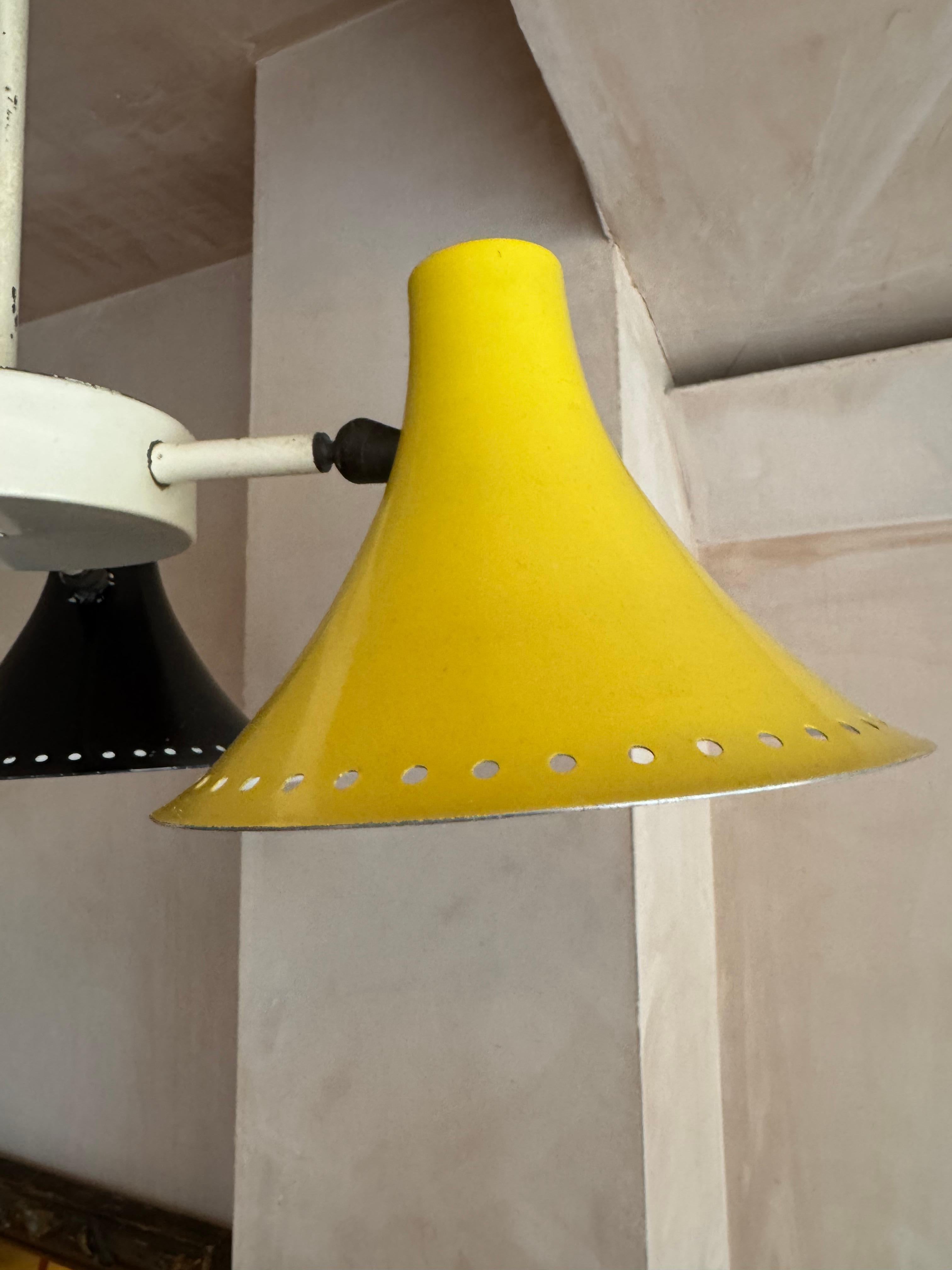 Mid-Century Modern Three armed 1950’s red, black, yellow ceiling light. For Sale