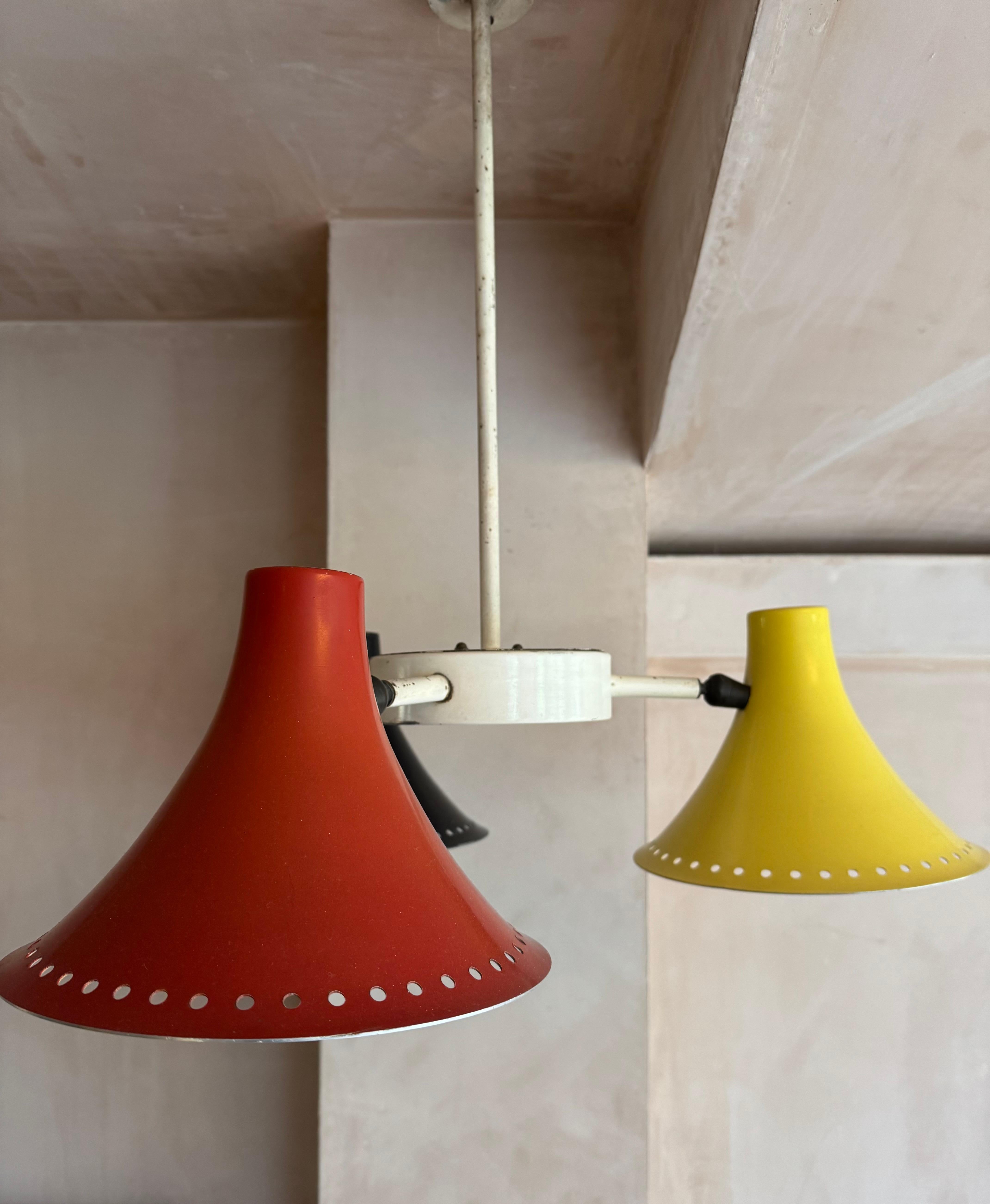 20th Century Three armed 1950’s red, black, yellow ceiling light. For Sale