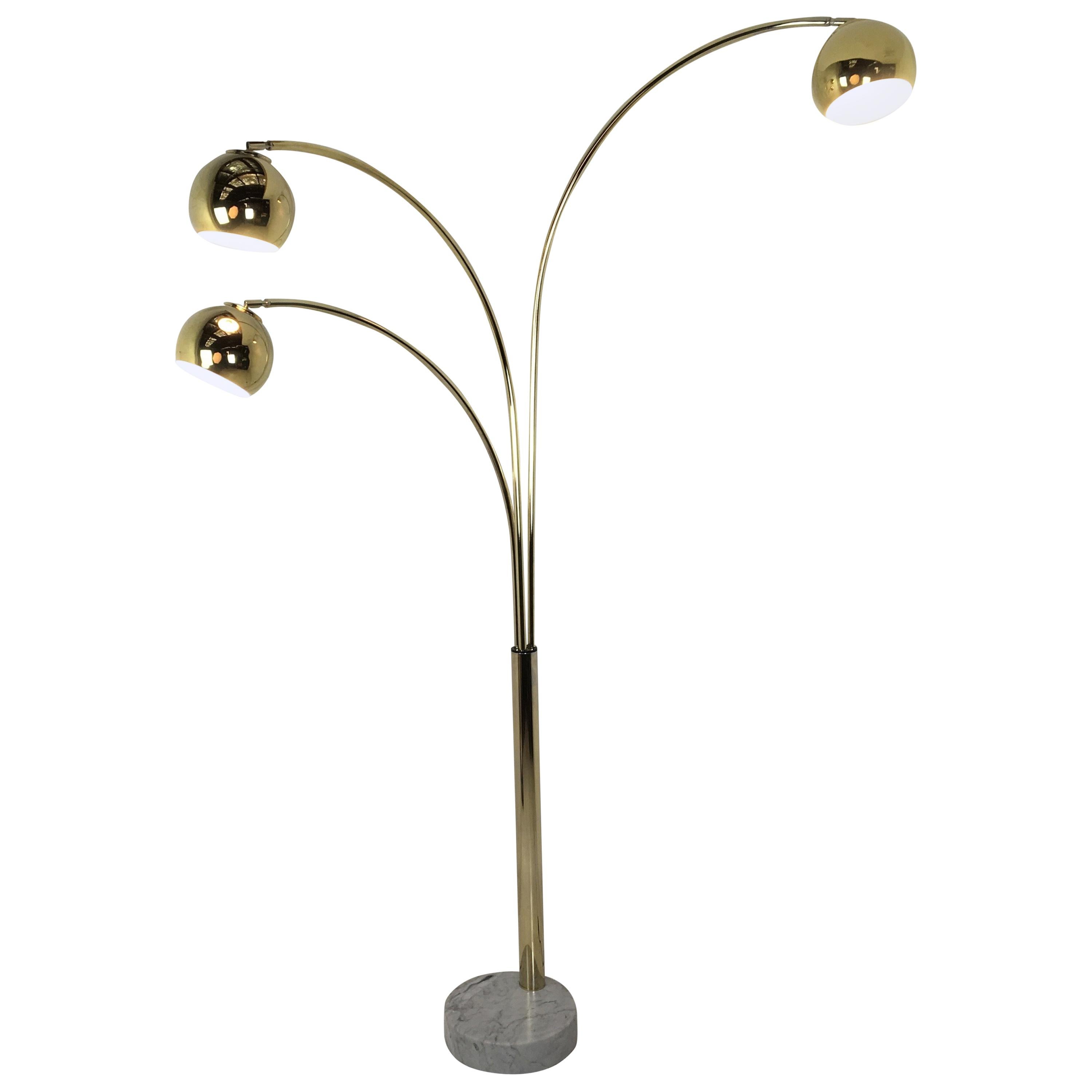 Three Armed Brass Arc Lamp with Marble Base, Italy, circa 1960