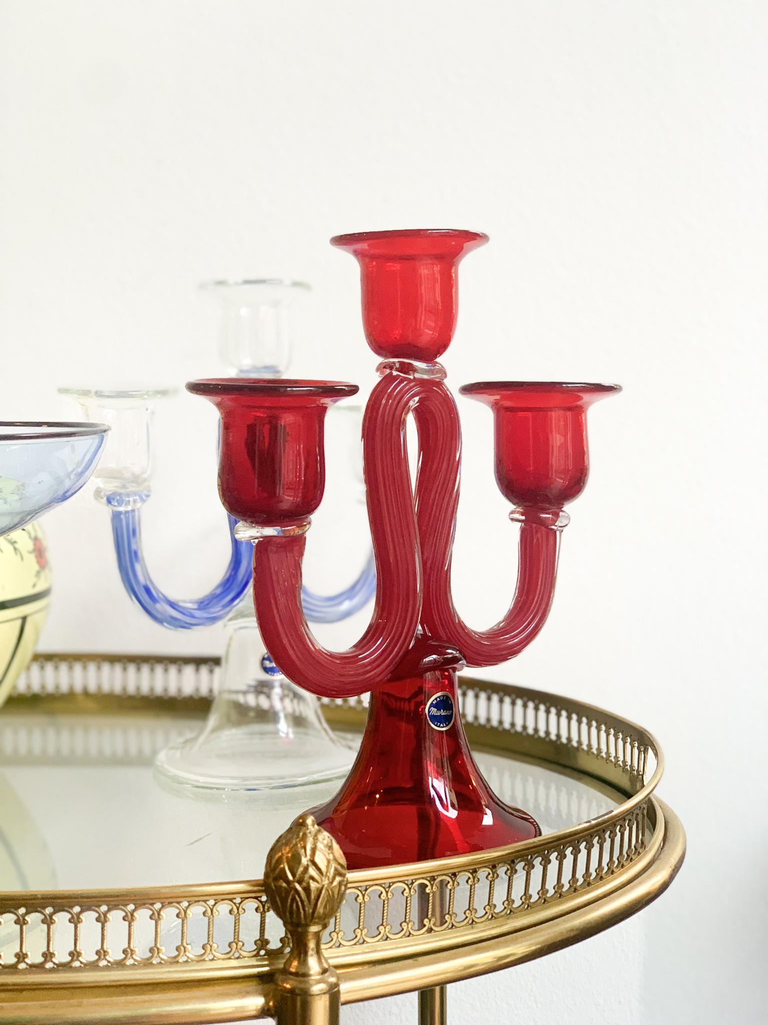 Three-armed Candelabra in Red Murano Glass from the 1950s 4