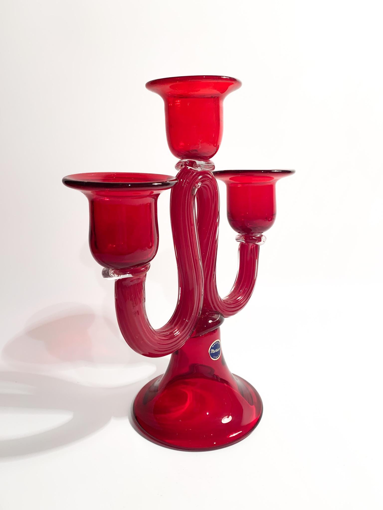 Mid-Century Modern Three-armed Candelabra in Red Murano Glass from the 1950s