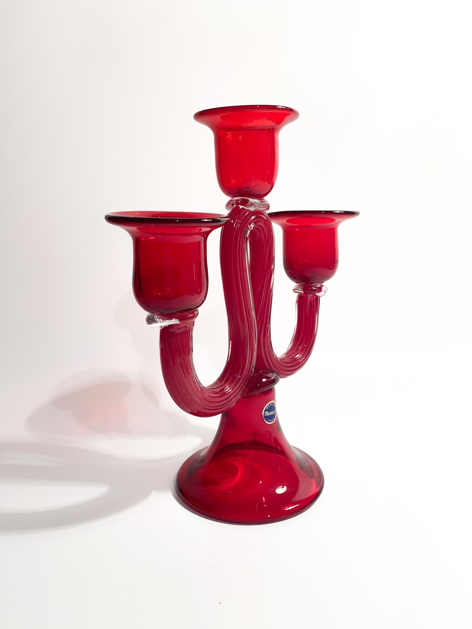 Italian Three-armed Candelabra in Red Murano Glass from the 1950s