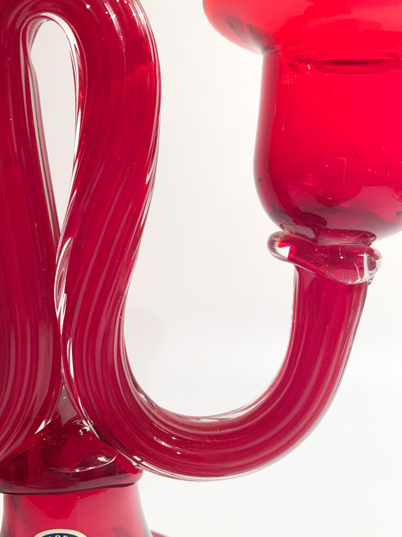 Mid-20th Century Three-armed Candelabra in Red Murano Glass from the 1950s