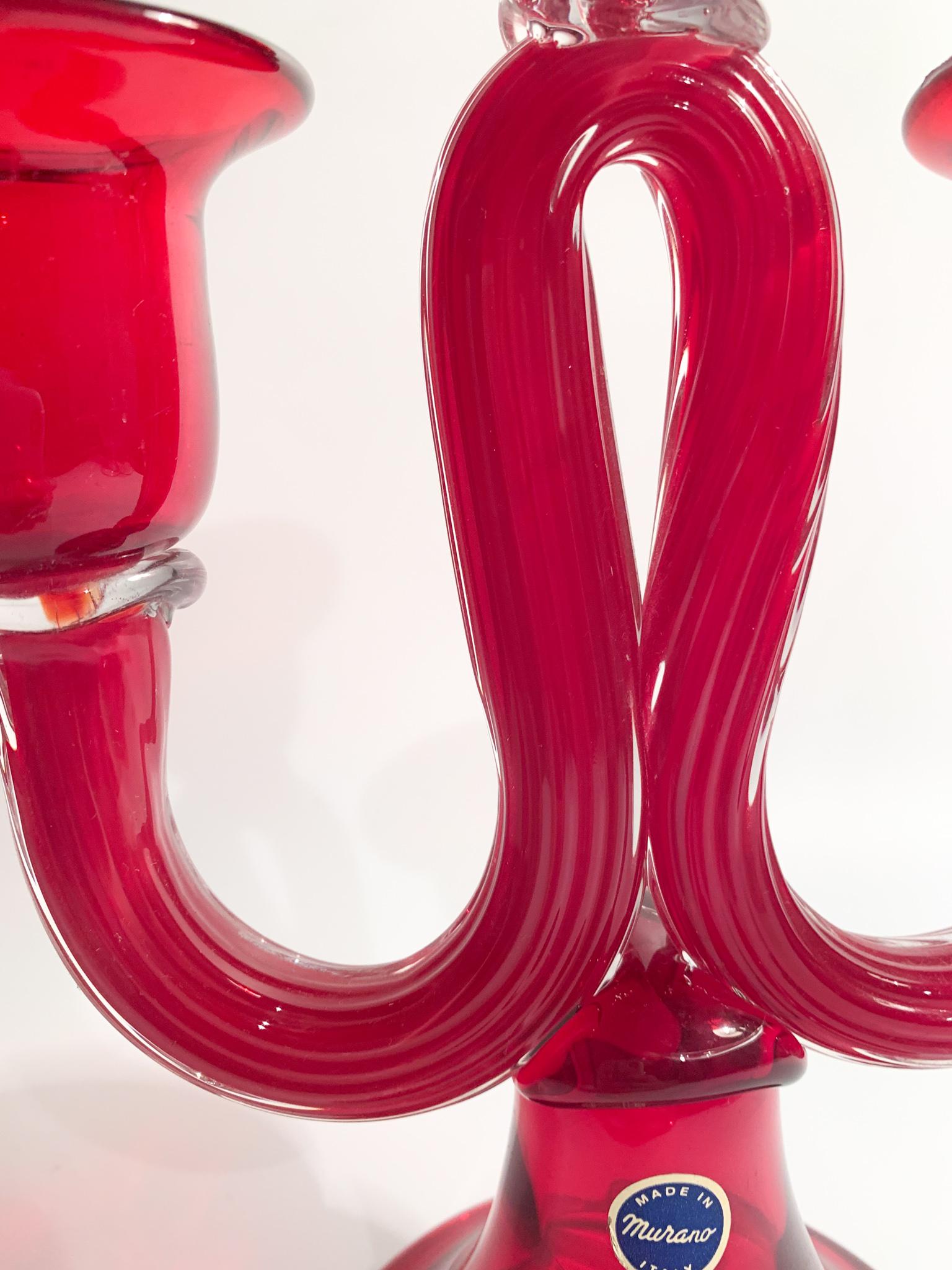 Three-armed Candelabra in Red Murano Glass from the 1950s 1
