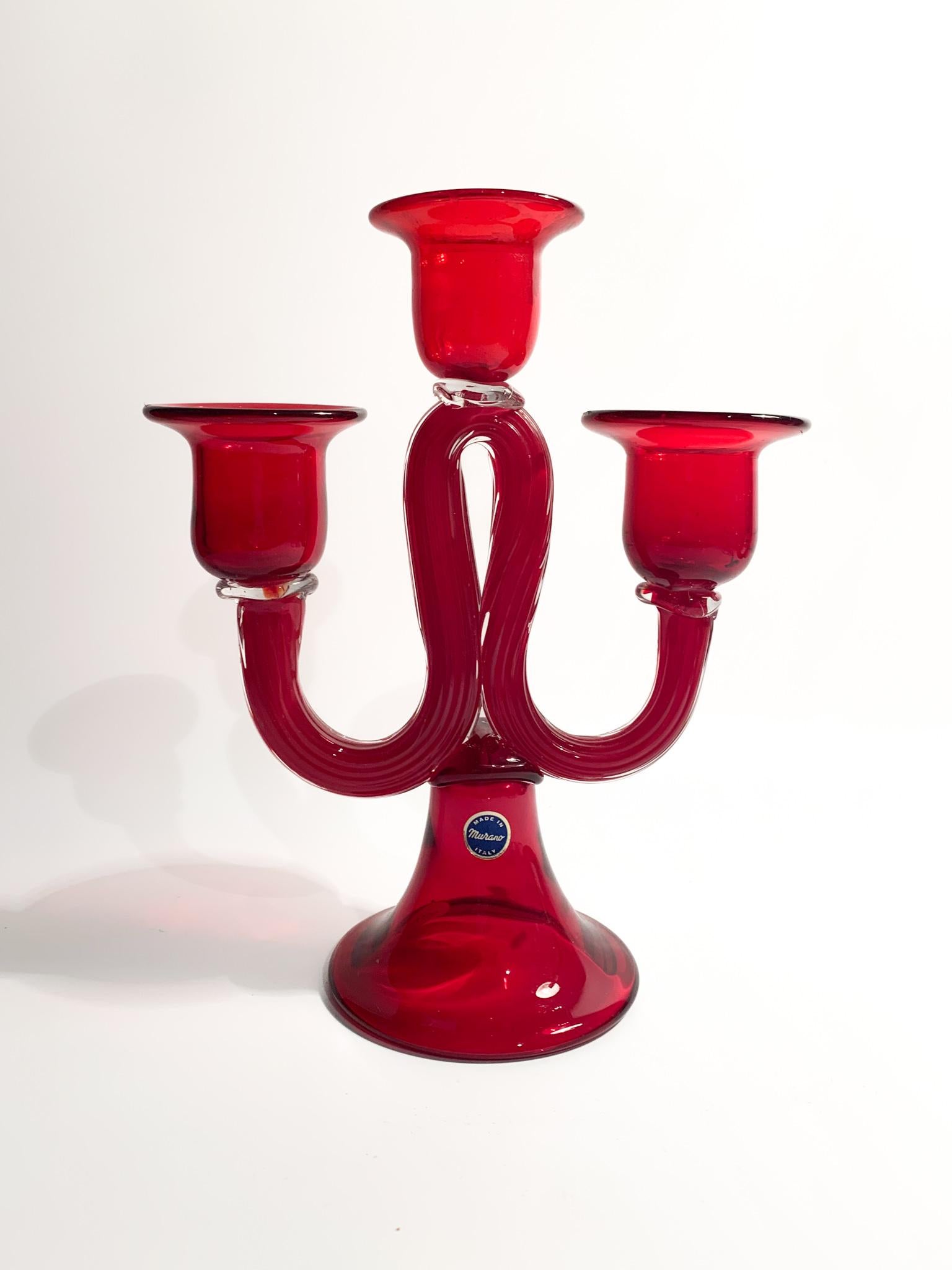 Three-armed Candelabra in Red Murano Glass from the 1950s 2