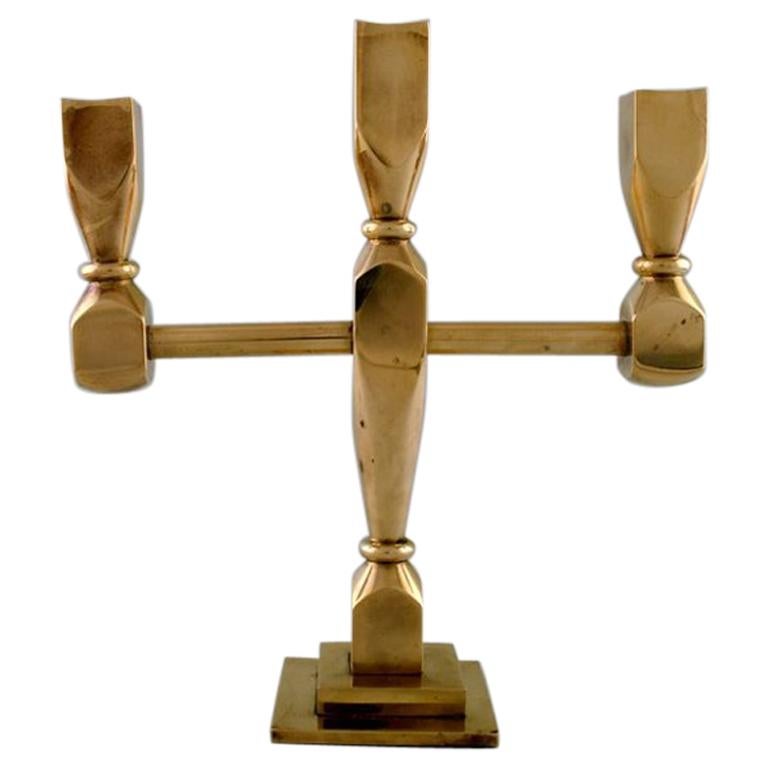 Three-Armed Candlestick in Brass, Scandinavian Design