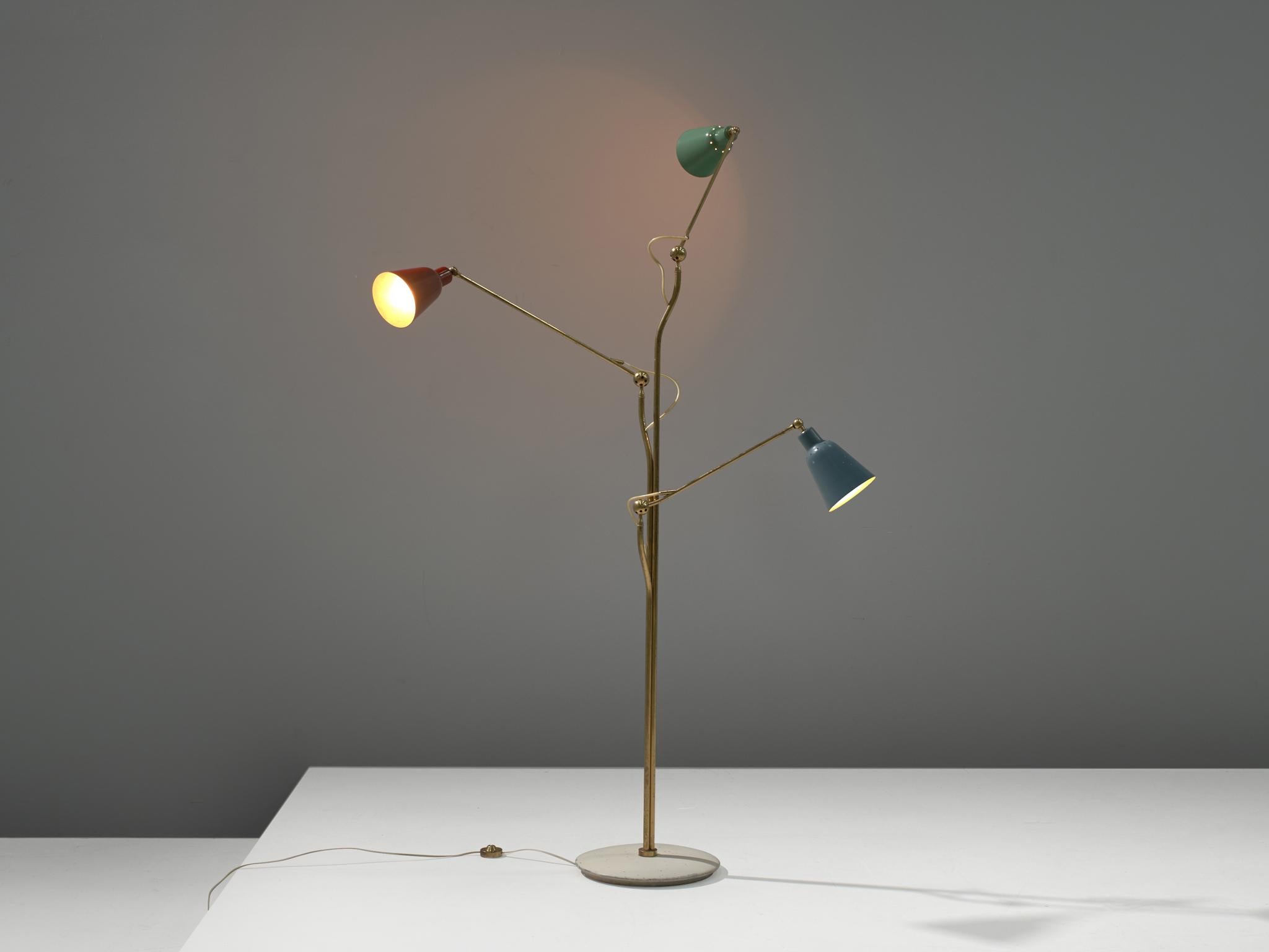 Angelo Lelii for Arredoluce, floor lamp, metal, brass, Italy, 1950s

This iconic floor lamp was designed by Angelo Lelli and manufactured by Arredoluce, Italy in 1950. This lamp was a symbol of the 1950s, due to its fixtures. It was designed in the
