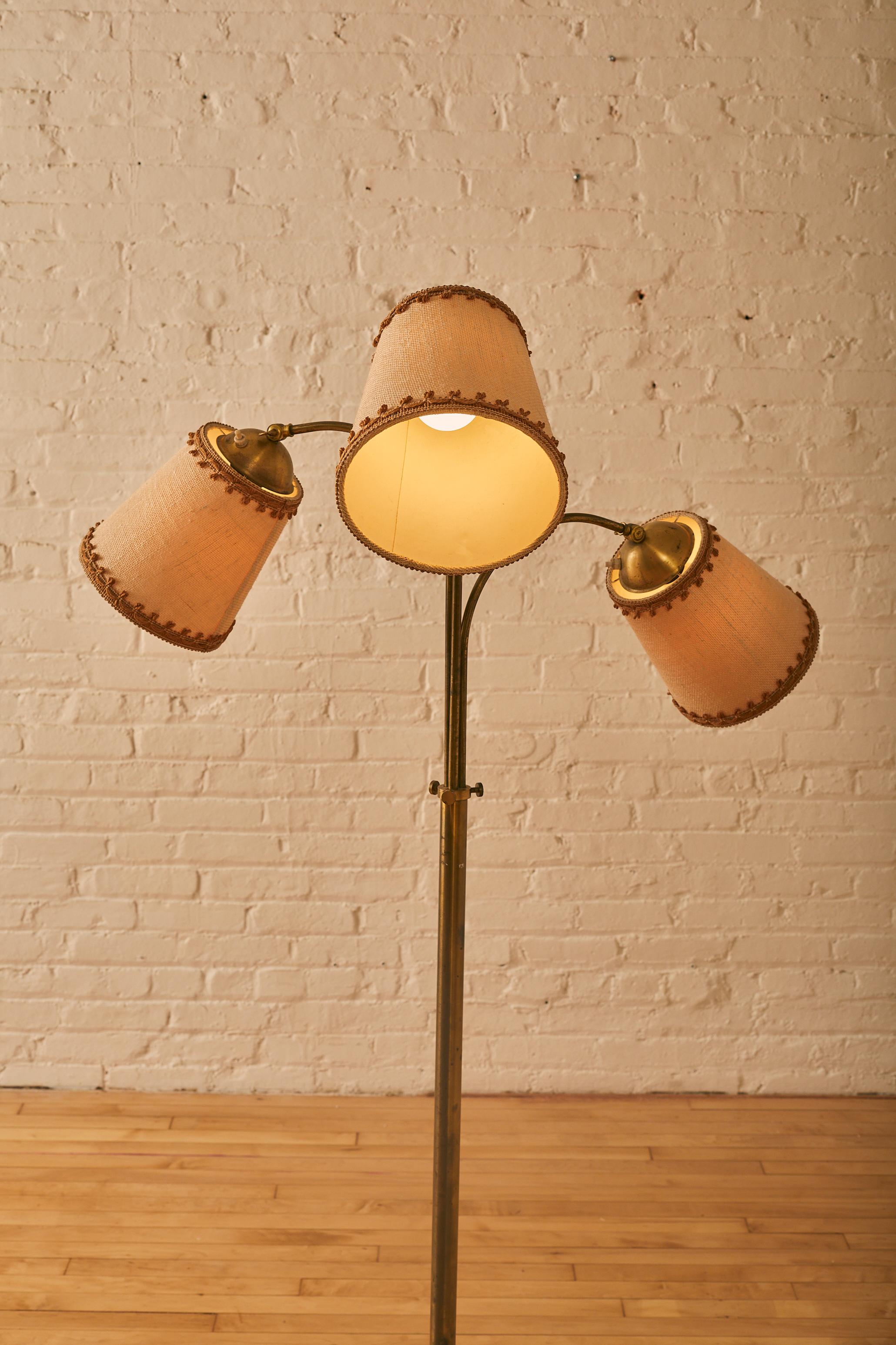 Three-Armed Functionalist Floor Lamp with adjustable arms and Swedish made lampshades.
