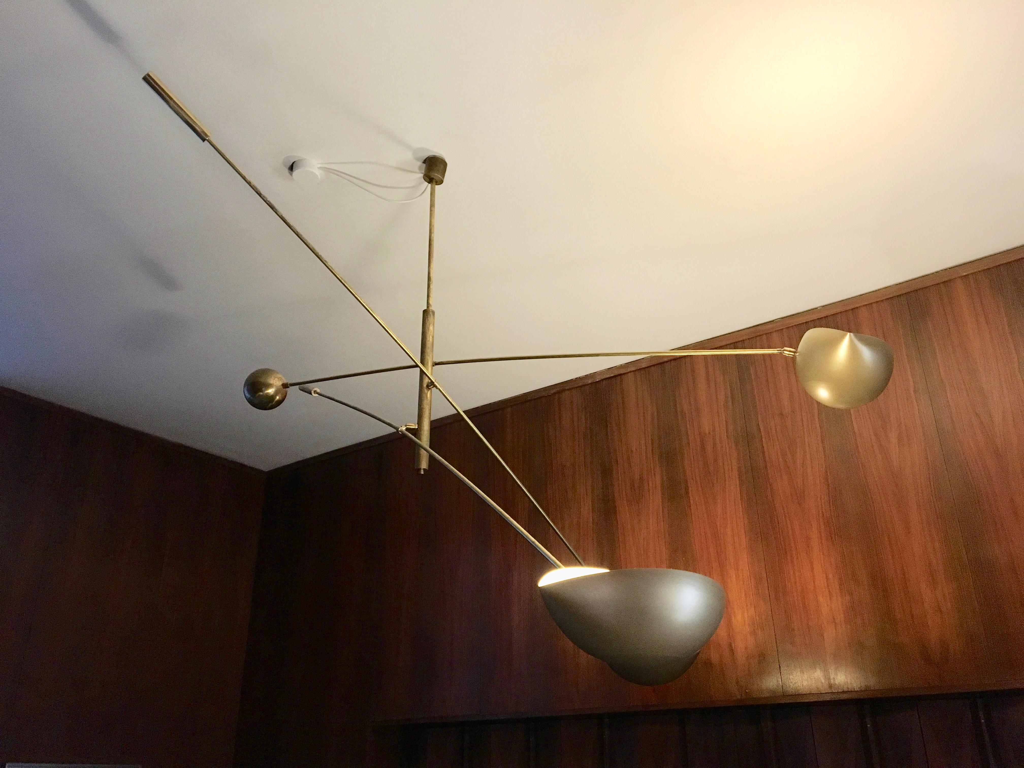 Three Armed Golden Italian Pendant Light with Brass Counterweight 7