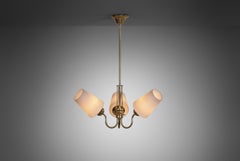 Three-Armed Swedish Ceiling Lamp with White Glass Shades, Sweden 1950s