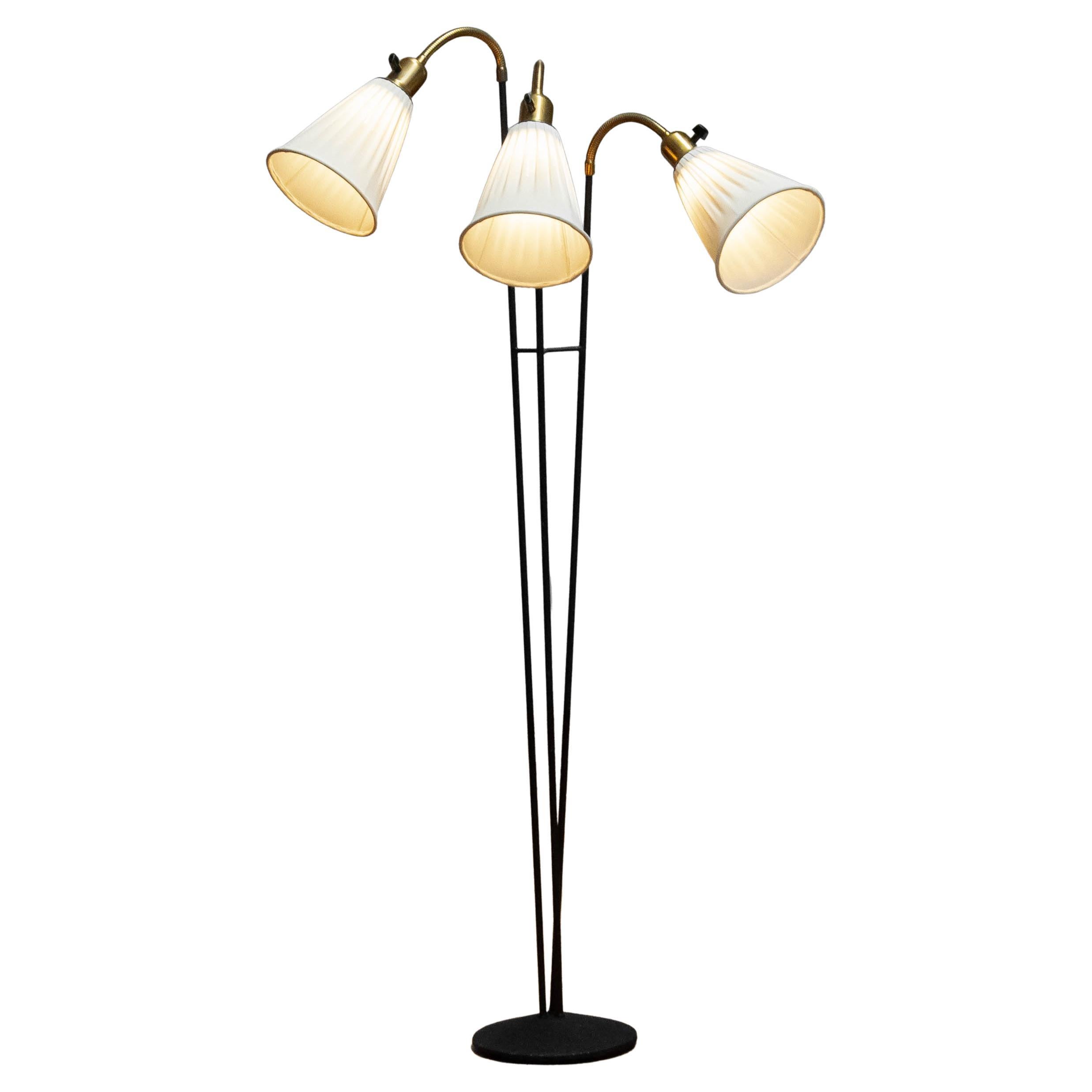 Three-Armed Swedish Vintage Floor Lamp Black Metal With Brass From Sweden 1950s