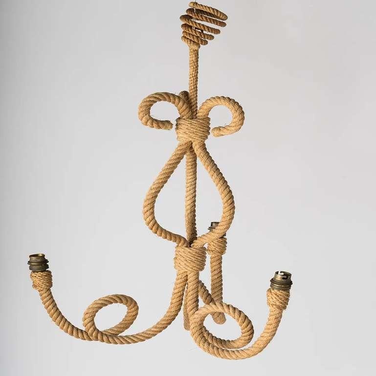 French Three Arms Rope Chandelier by Audoux Minnet, France 1960's For Sale