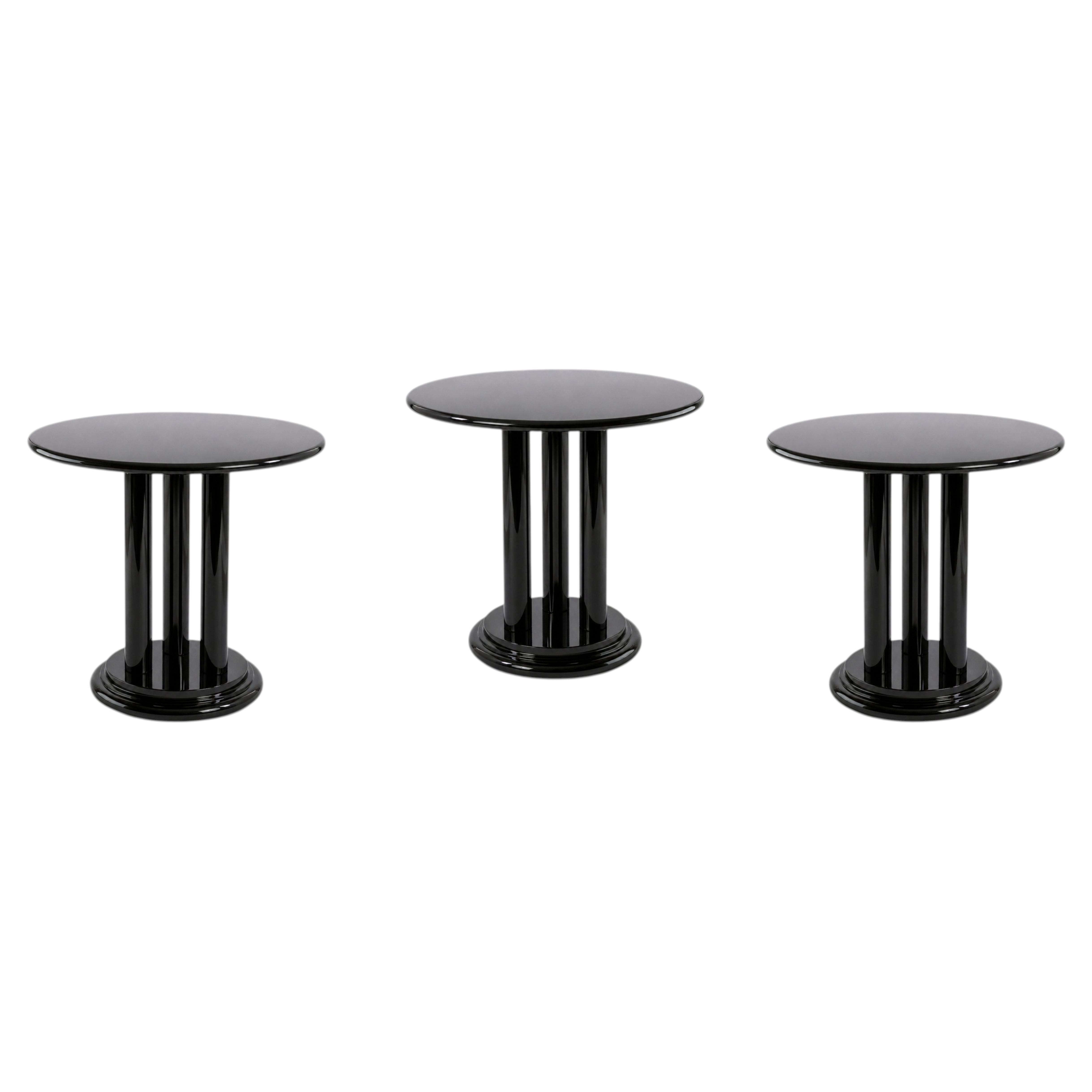 Three Art Deco Black Lacquer Chestnut Pedestal Tables, 20th Century For Sale