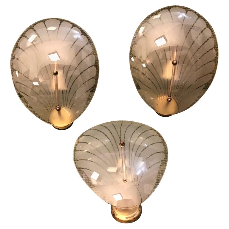 1940s Three Art Deco Brass and Glass Italian Shell Wall Sconces For Sale