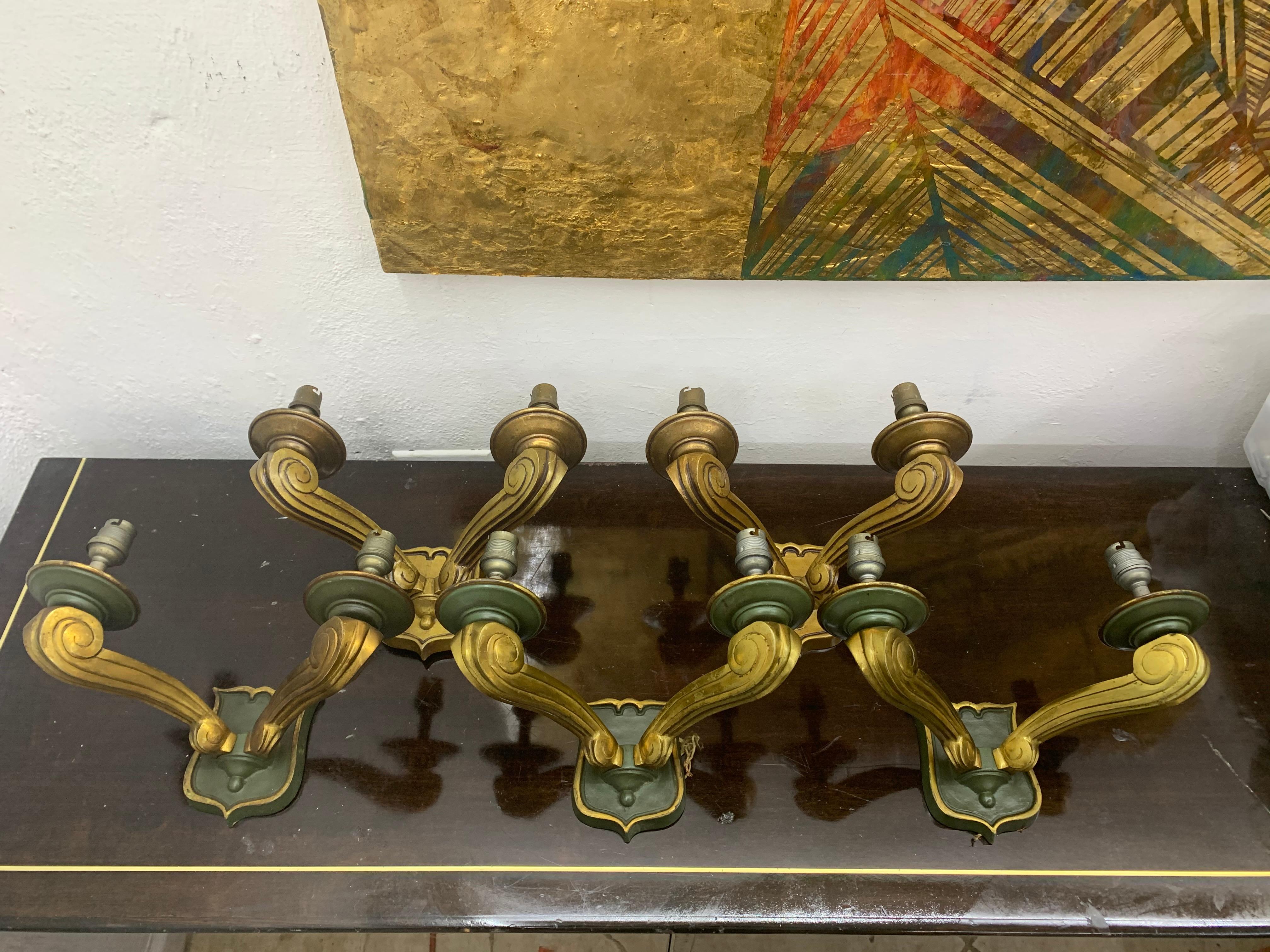 French Three Art Deco bronze Sconces by Jules Leleu France, circa 1940 For Sale
