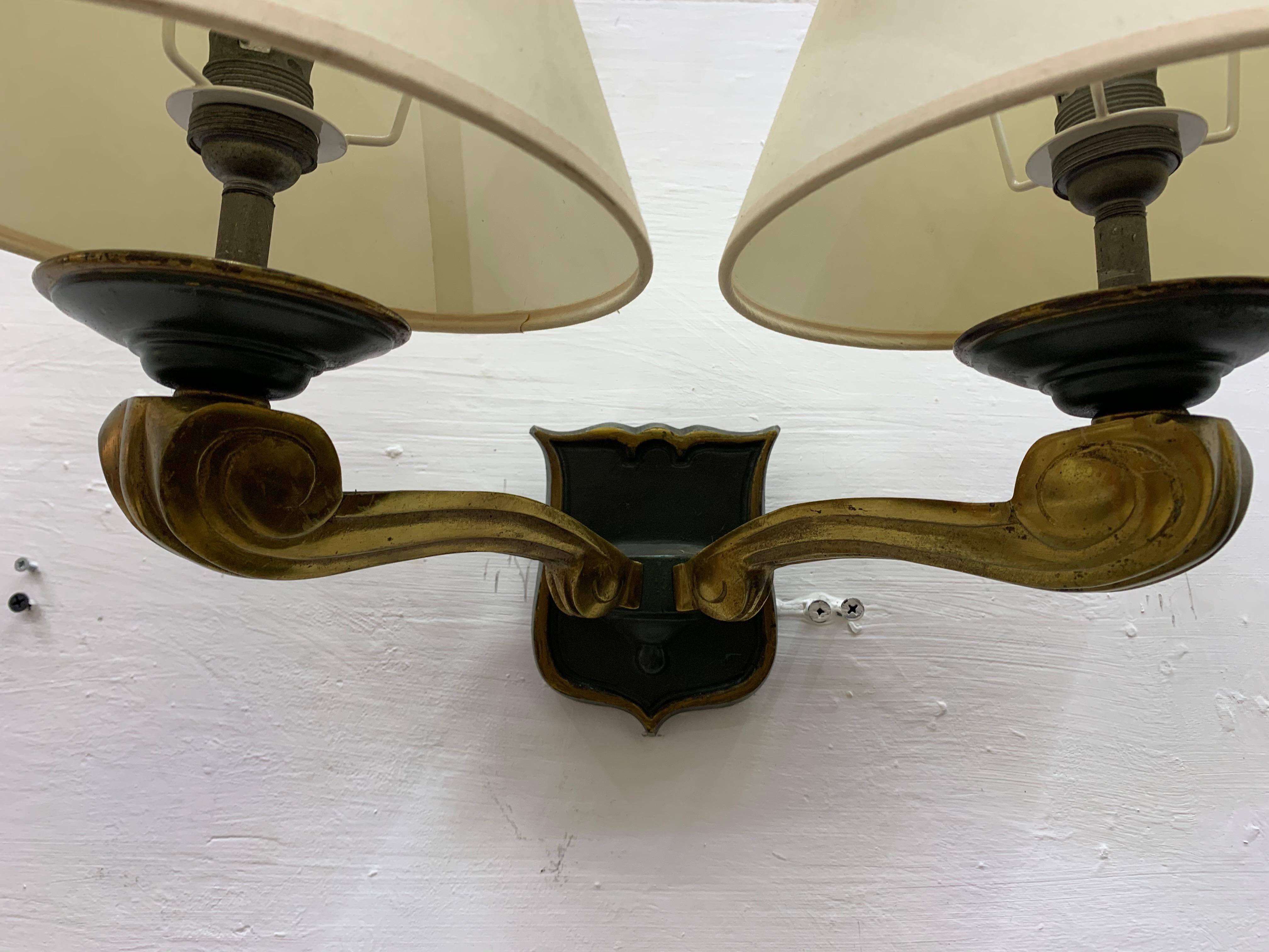 Bronze Three Art Deco bronze Sconces by Jules Leleu France, circa 1940 For Sale