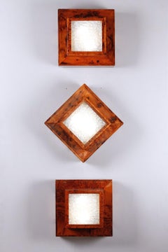 Three Art Déco ceiling or wall lights in elm burr veneer