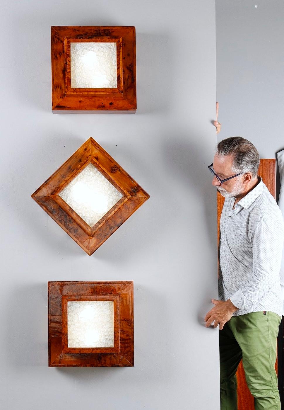 Tres lámparas Art Déco de techo o pared en chapa de olmo rebabas Francés en venta