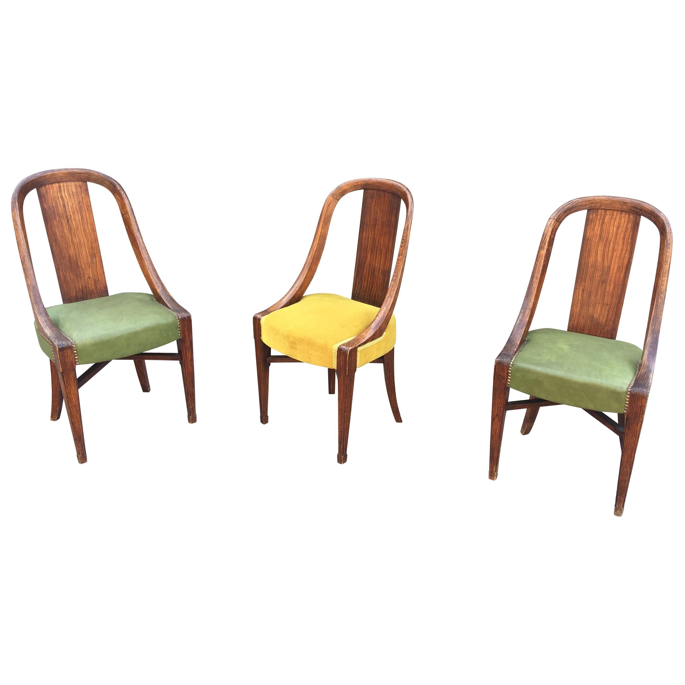 Three Art Deco Chairs, in Wood Painted Faux Wood Decor, circa 1925