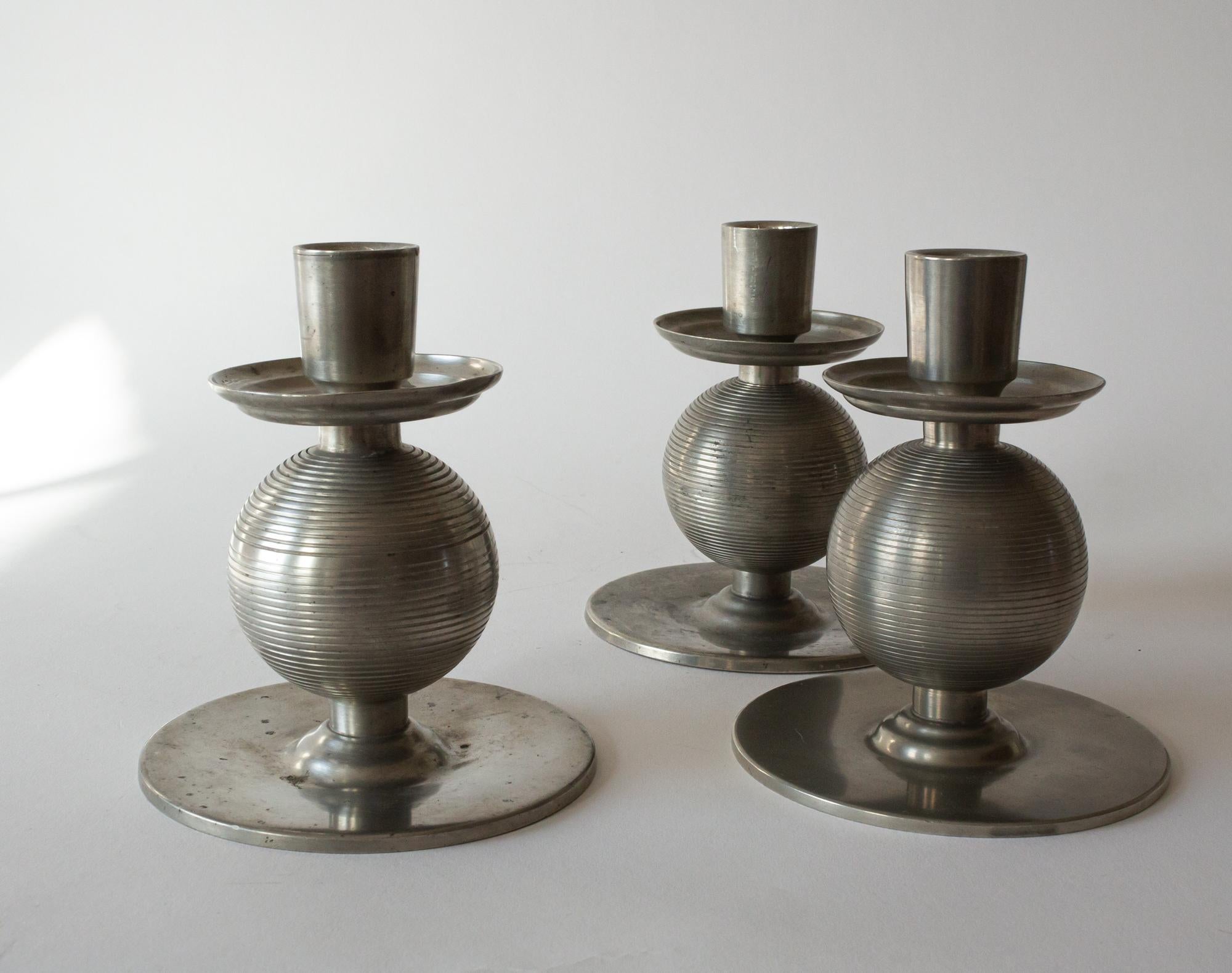 Scandinavian Modern Three Art Deco Pewter Candlesticks Signed by Nils Fougstedt and Made 1937 For Sale