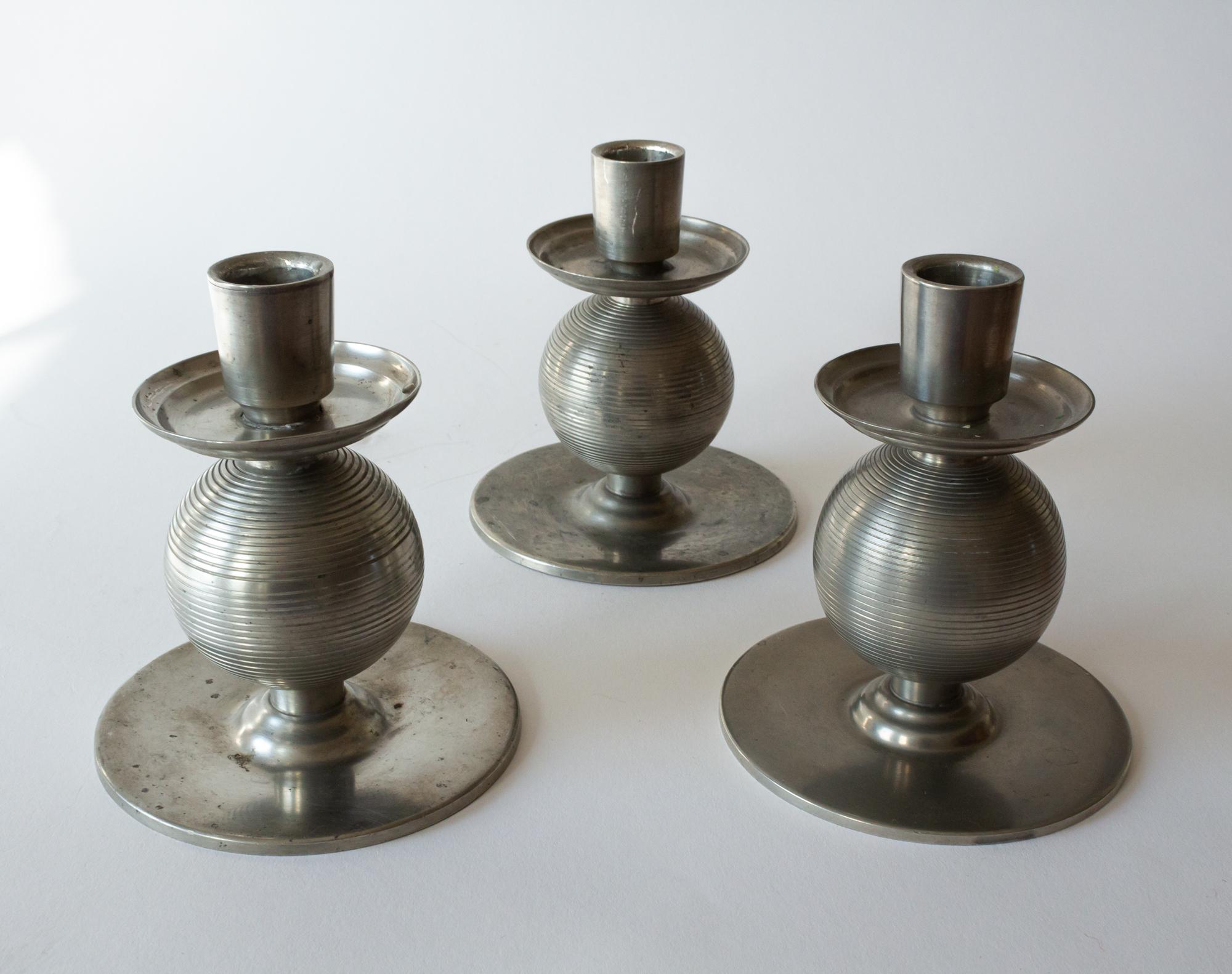European Three Art Deco Pewter Candlesticks Signed by Nils Fougstedt and Made 1937 For Sale