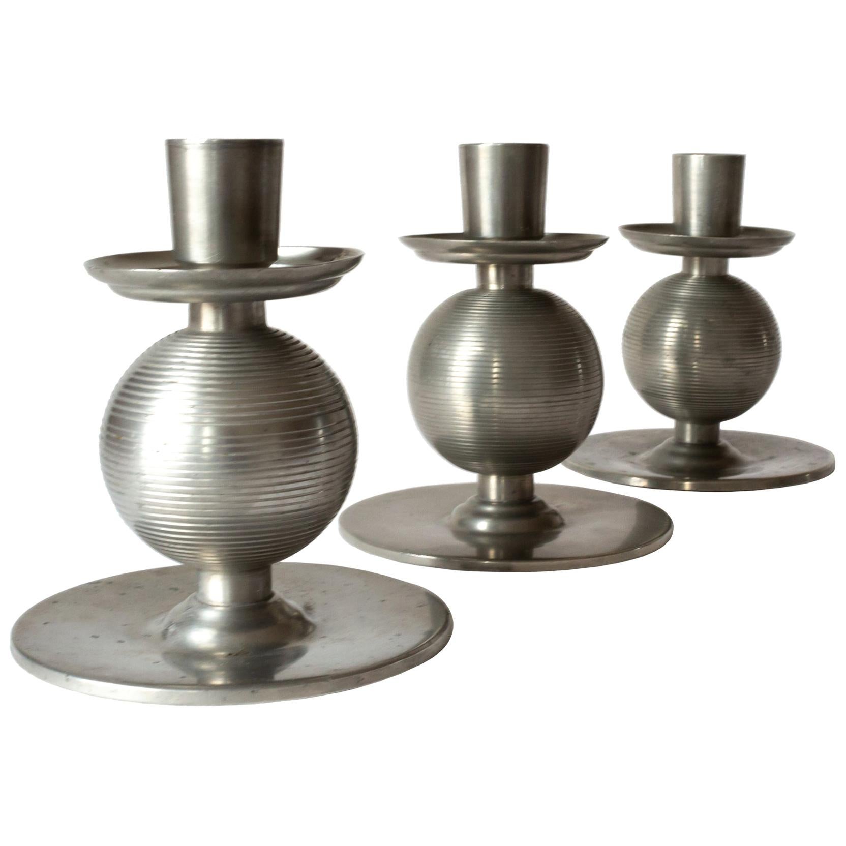 Three Art Deco Pewter Candlesticks Signed by Nils Fougstedt and Made 1937 For Sale
