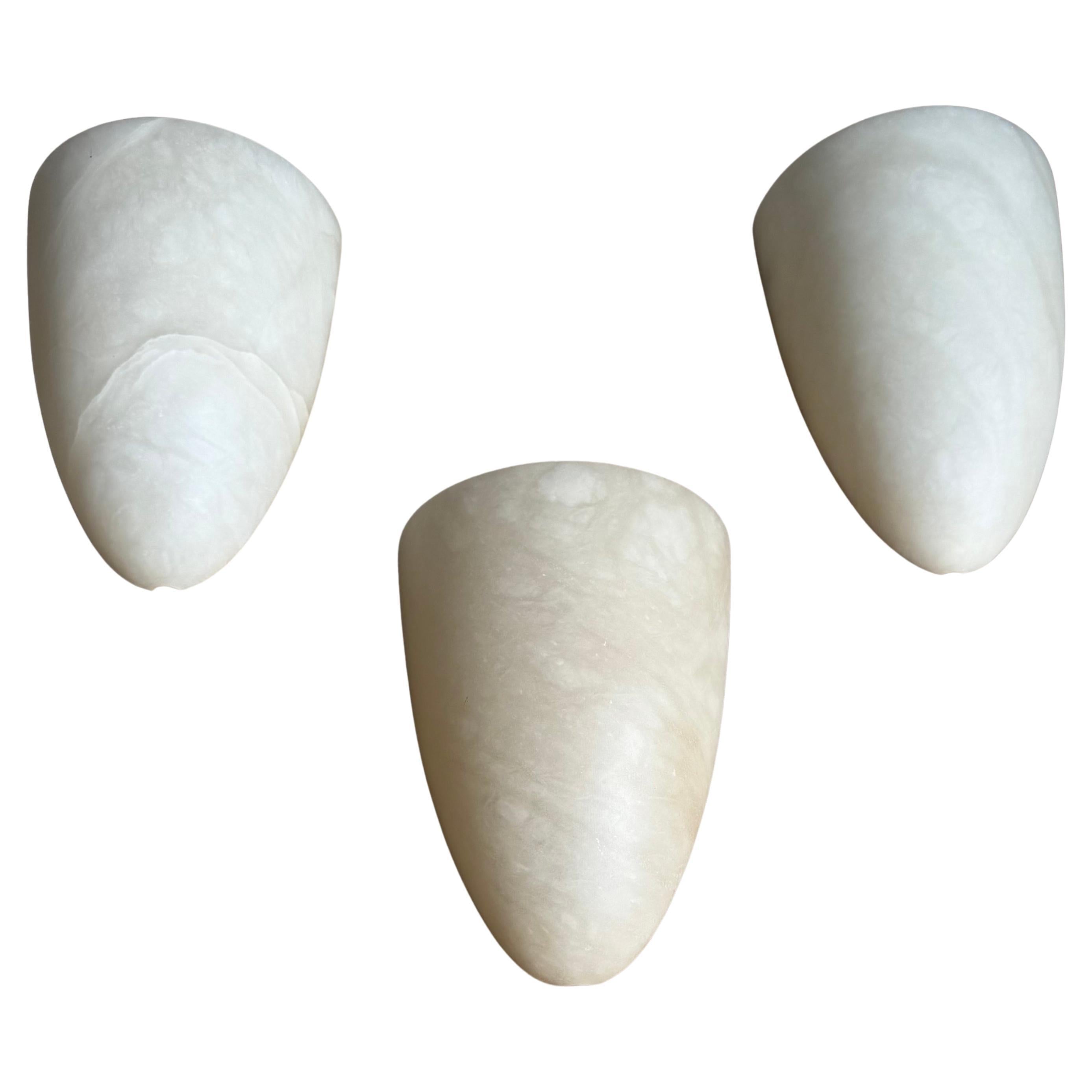 Three Art Deco Style Cocoon Shape Midcentury Modern Era Alabaster Wall Sconces