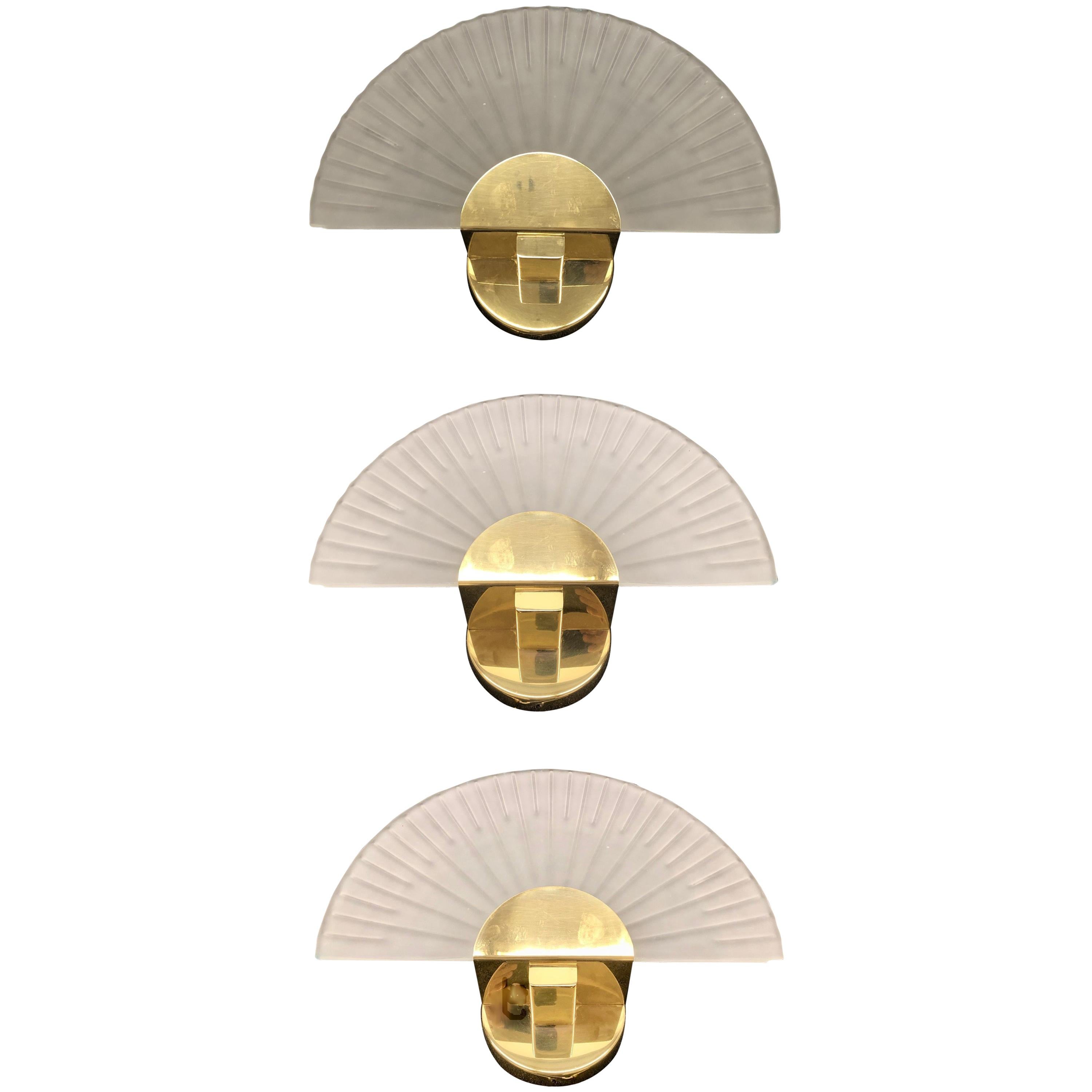 Three Art Deco Style Sconces Cut Glass and Brass Soelken Leuchten, German 1980s