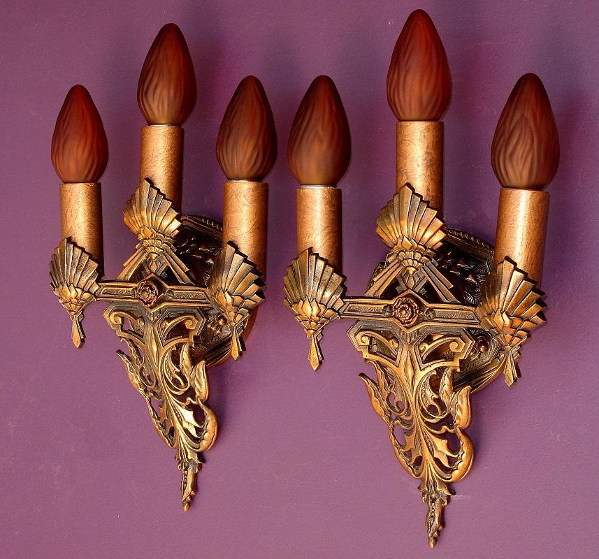American Three Art Nouveau Bronze Sconces Original Finish For Sale