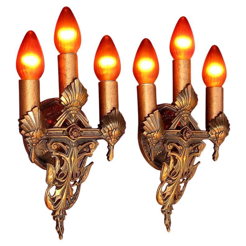 Three Art Nouveau Bronze Sconces Original Finish For Sale