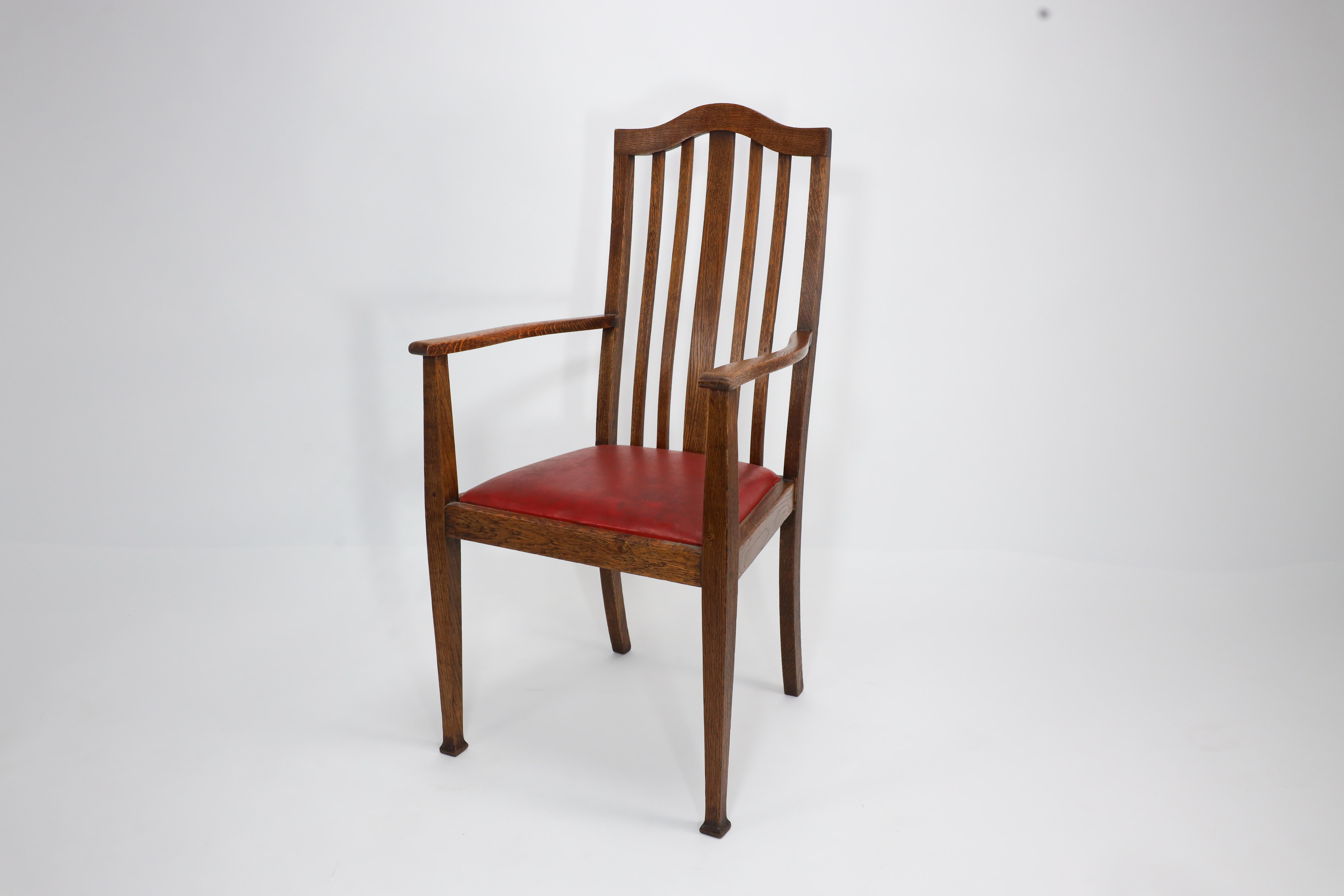 English Three Arts and Crafts oak dining armchairs For Sale