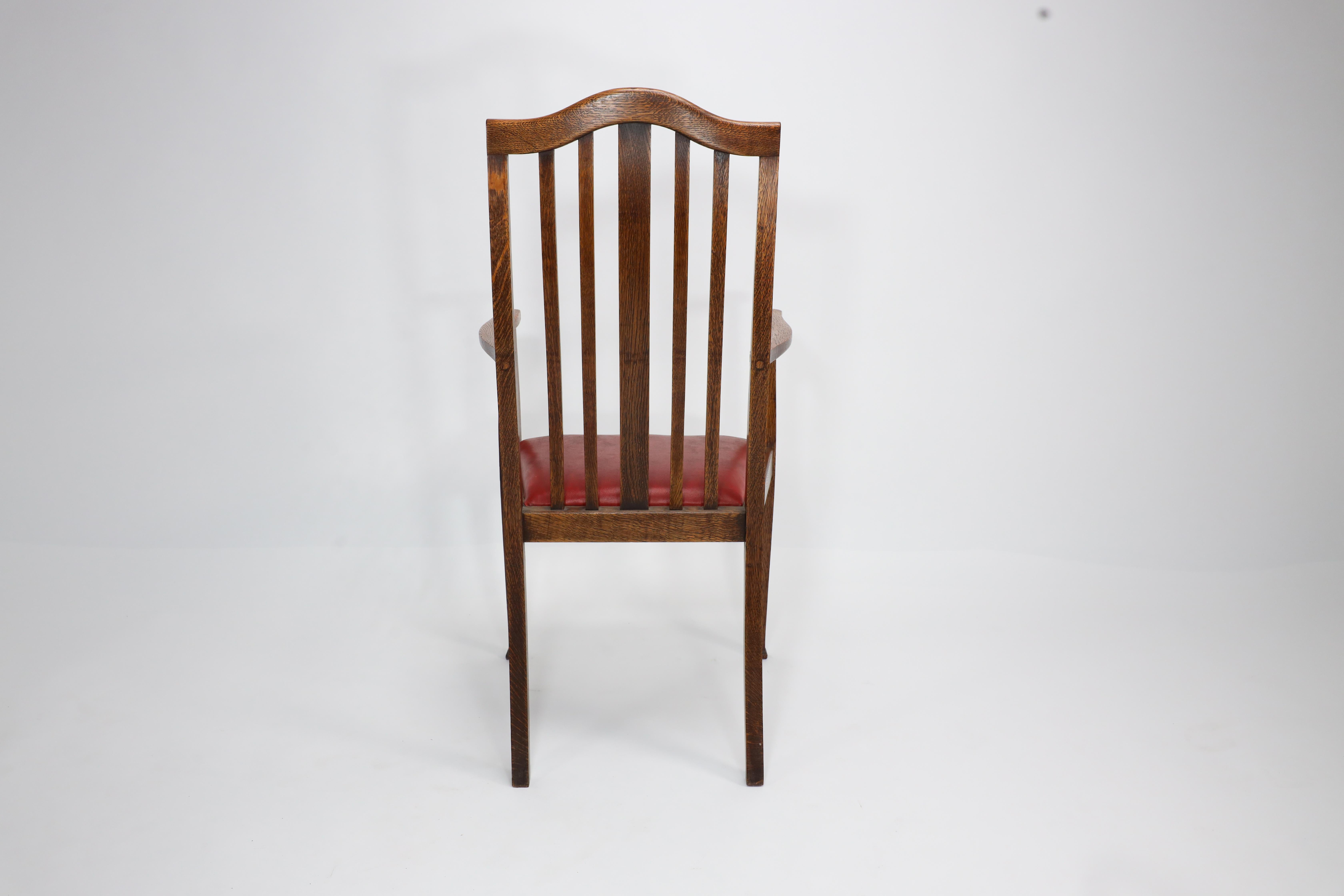 Three Arts and Crafts oak dining armchairs For Sale 5
