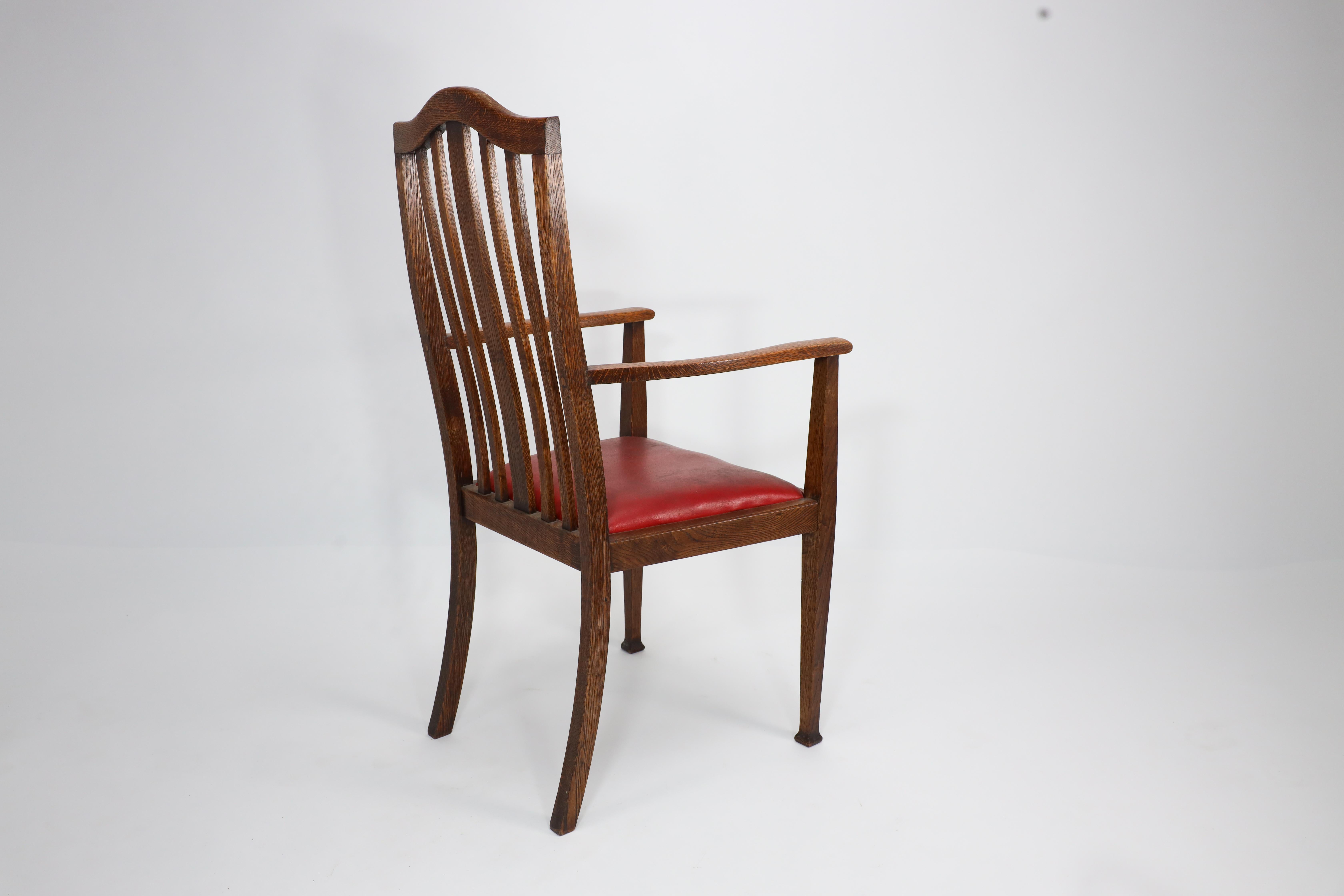 Three Arts and Crafts oak dining armchairs For Sale 4